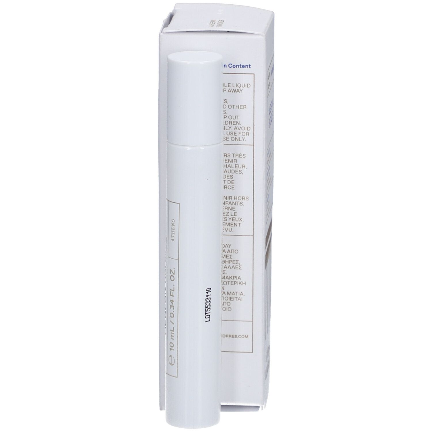 Roll-on Korres Aegean Bronze Eau de Parfum. Flacon et emballage. Texte : Aegean Bronze, 10 ml, 0,34 FL. OZ.