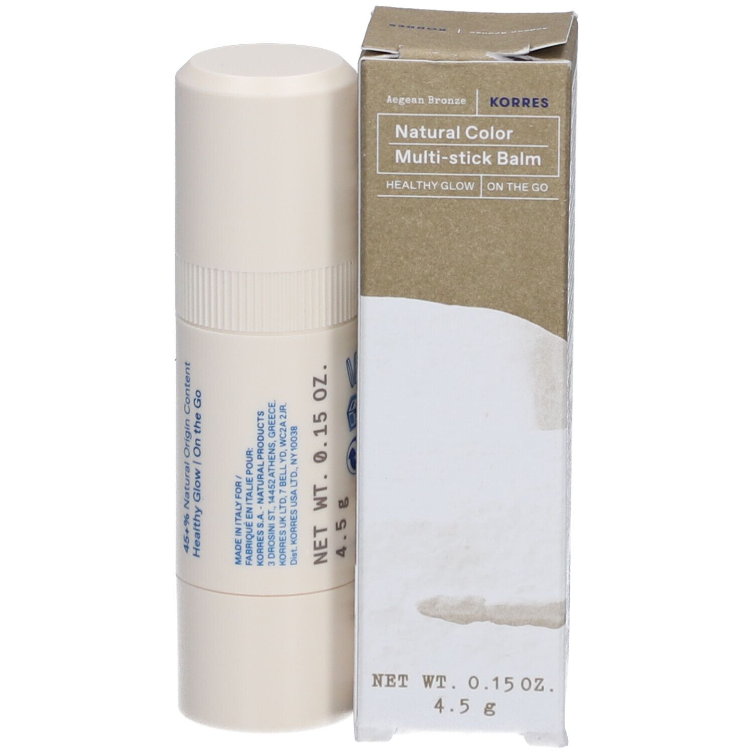 Baume multi-stick beige et emballage. Inscription : Natural Color Multi-stick Balm, Korres. Poids : 4,5 g.