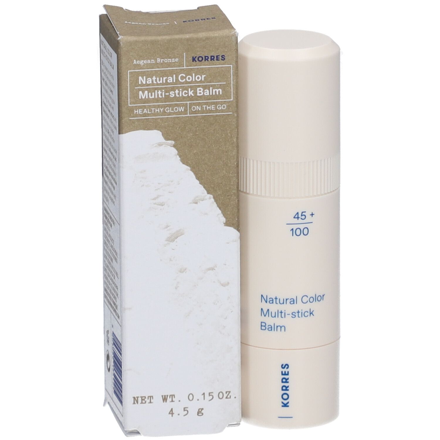 Baume multi-stick beige et emballage. Inscription : Natural Color Multi-stick Balm, Korres. Poids : 4,5 g.