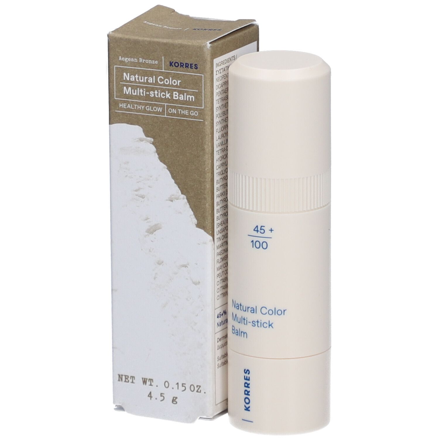 Baume multi-stick beige et emballage. Inscription : Natural Color Multi-stick Balm, Korres. Poids : 4,5 g.