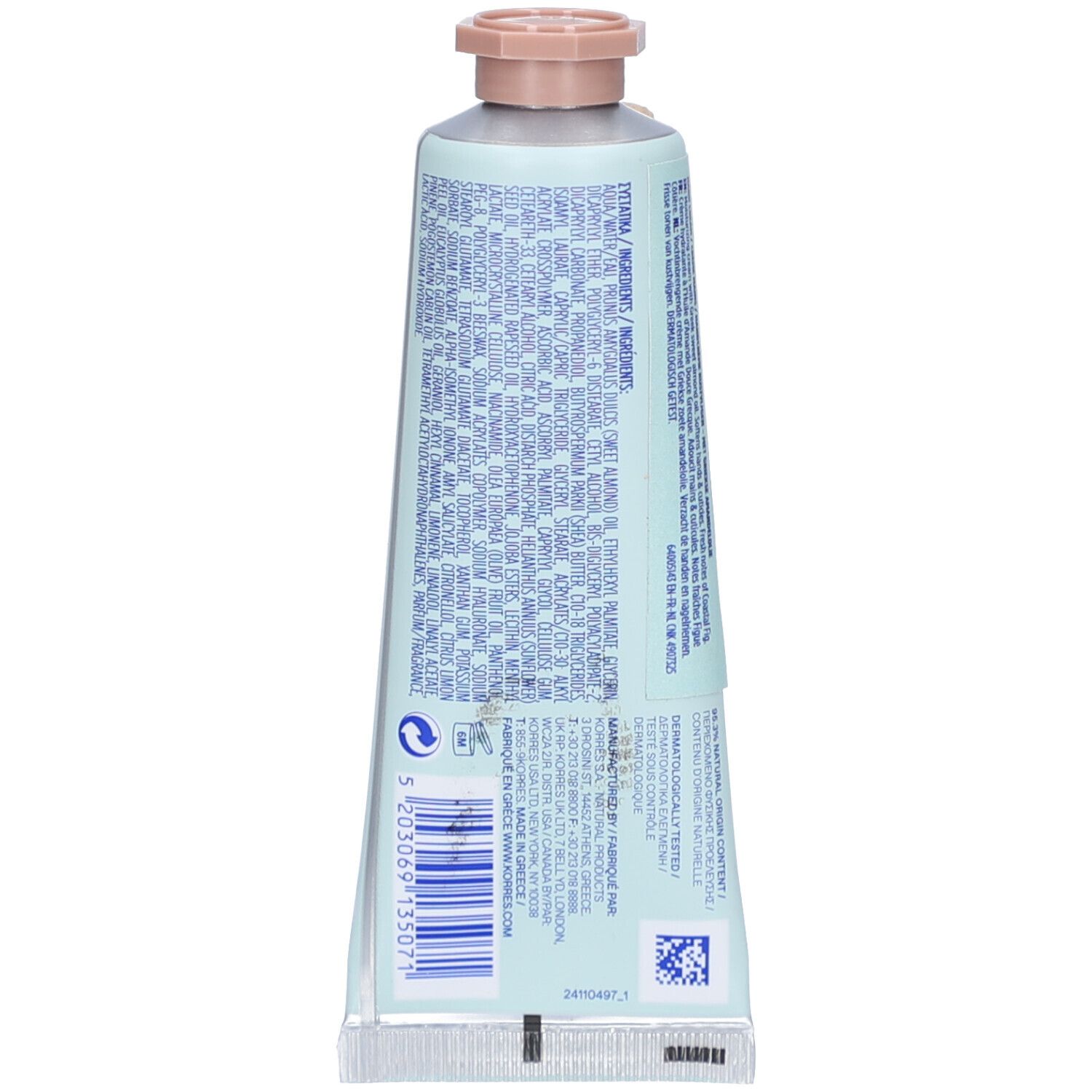 Dos du tube. Texte multilingue. Code-barres et logo. Fond vert clair.