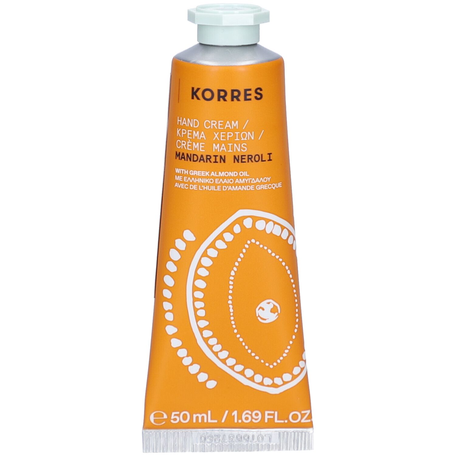 Tube orange avec bouchon blanc. Inscription: Korres Hand Cream Mandarin Neroli. Ornementation blanche circulaire.