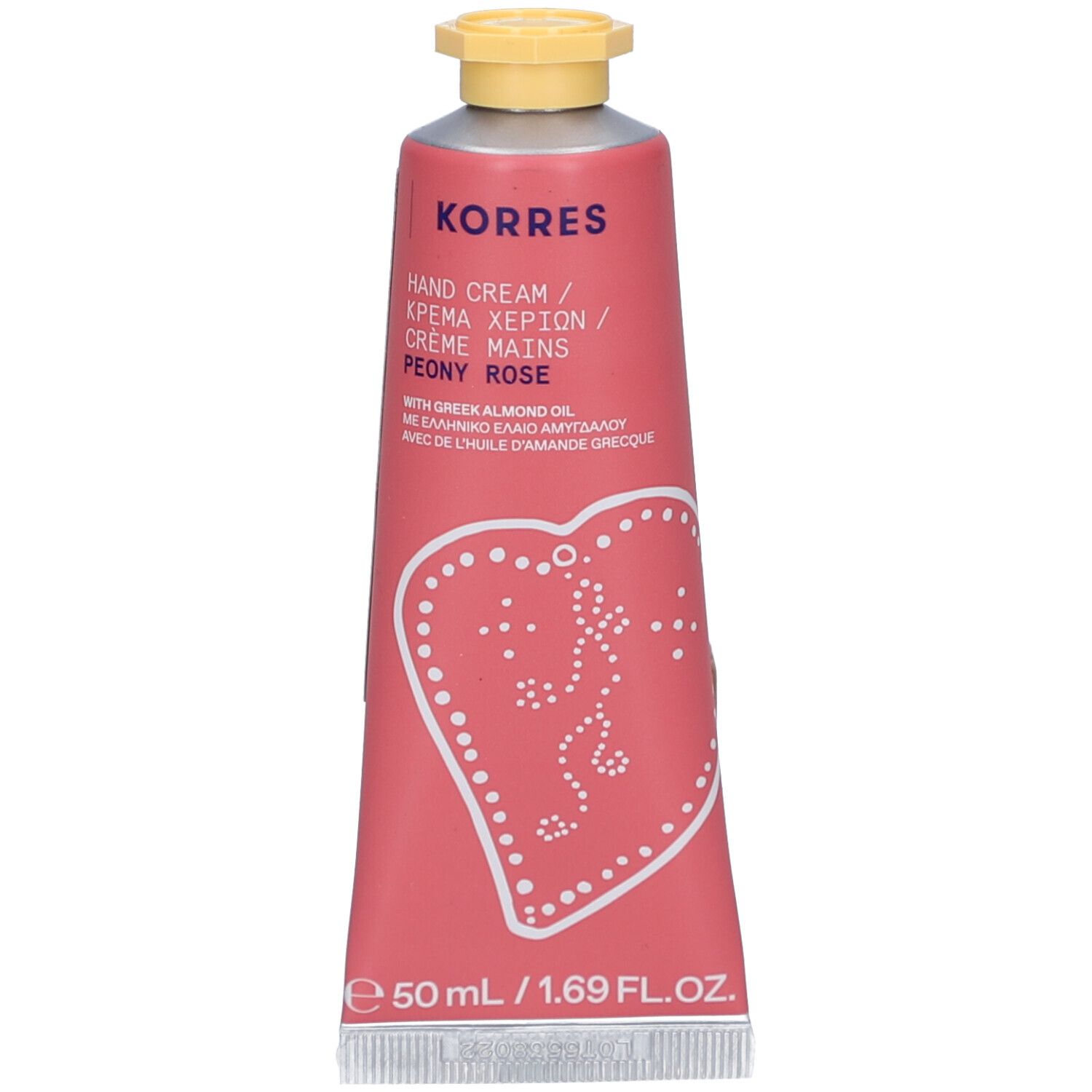 Tube de crème pour les mains rose avec bouchon jaune. Inscription: Korres Hand Cream Peony Rose. Illustration de cœur blanc.
