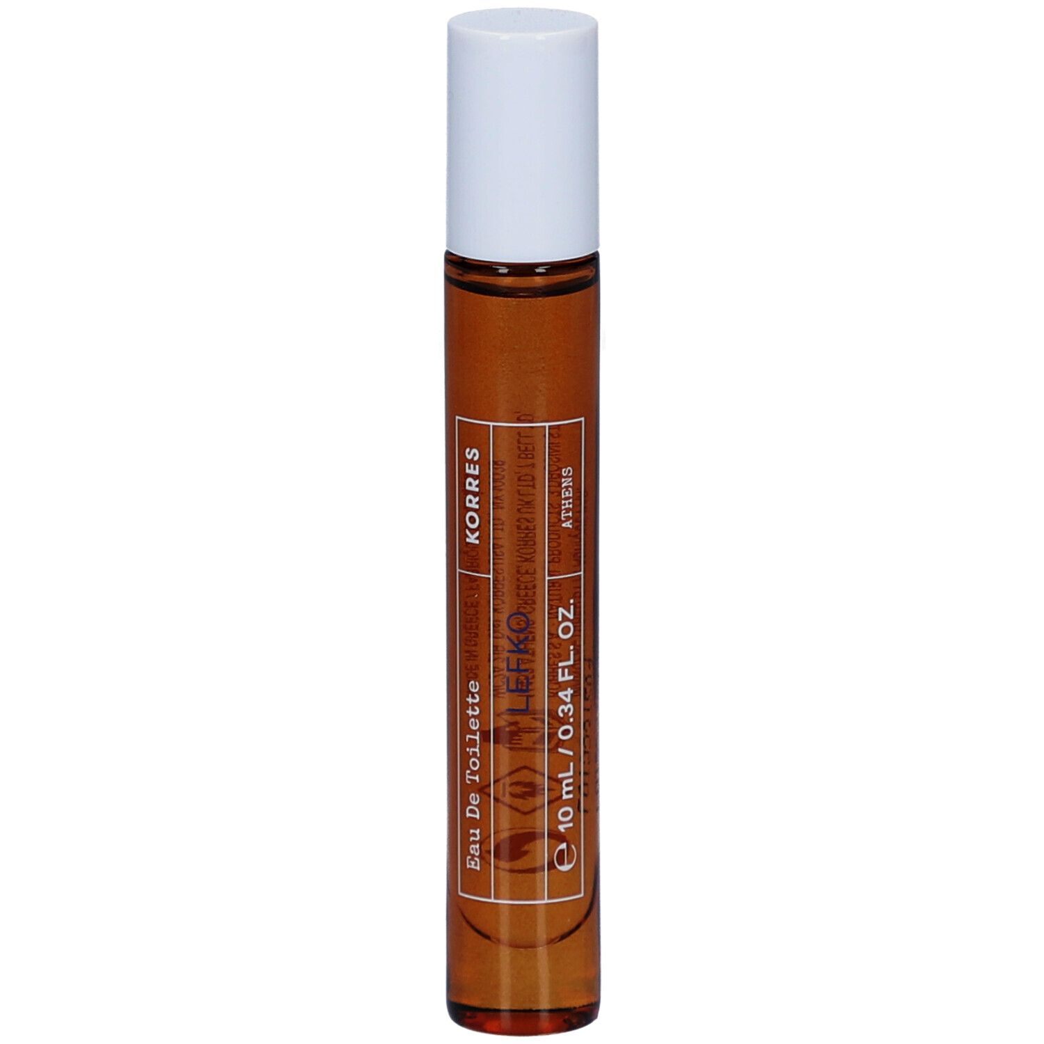Flacon roll-on avec liquide brun et bouchon blanc. Inscription : Korres, Lefko, Eau de Toilette, 10 ml / 0,34 fl. oz.