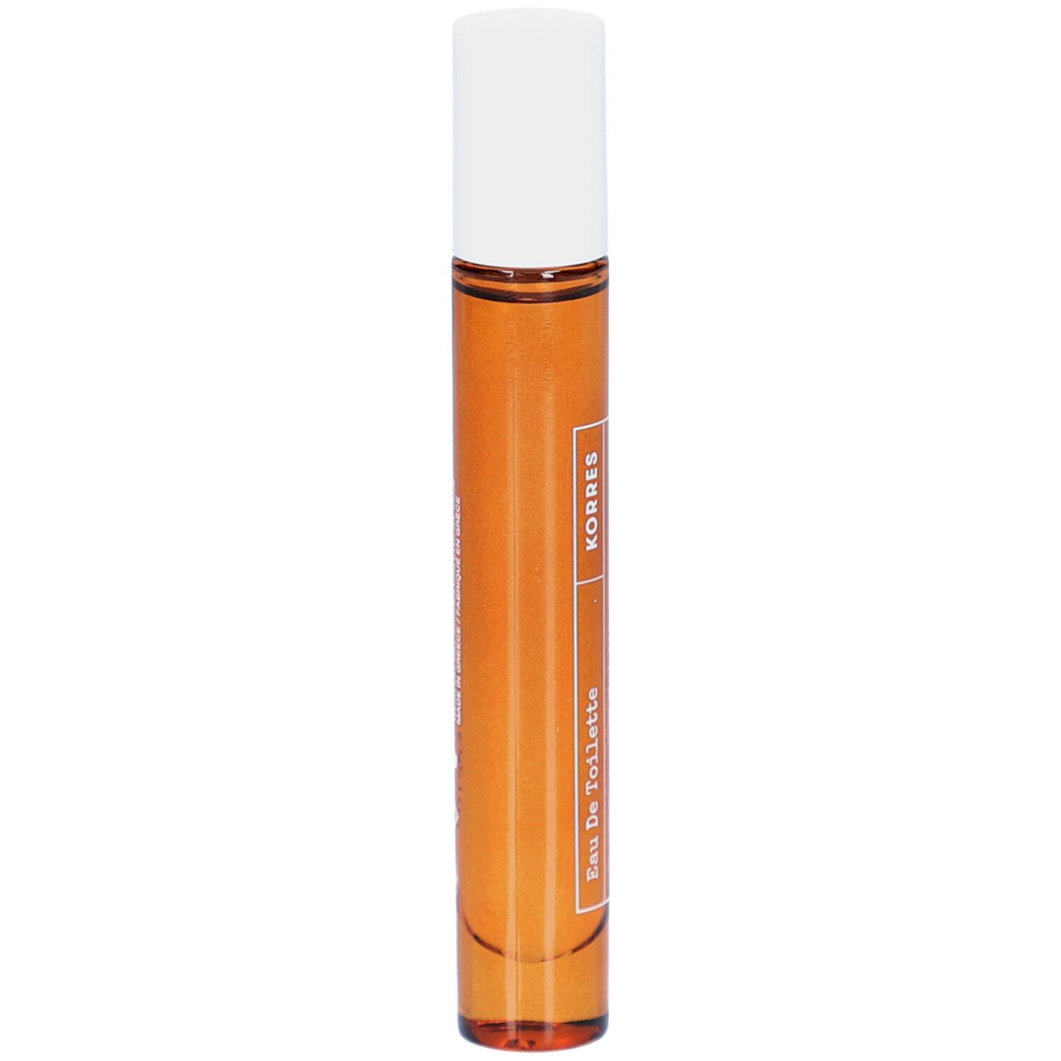 Flacon roll-on avec liquide brun et bouchon blanc. Inscription : Korres, Eau de Toilette.