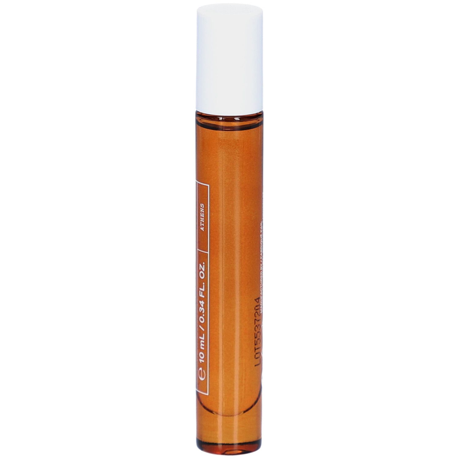 Flacon roll-on avec liquide brun et bouchon blanc. Inscription : Korres, Eau de Toilette, 10 ml / 0,34 fl. oz.