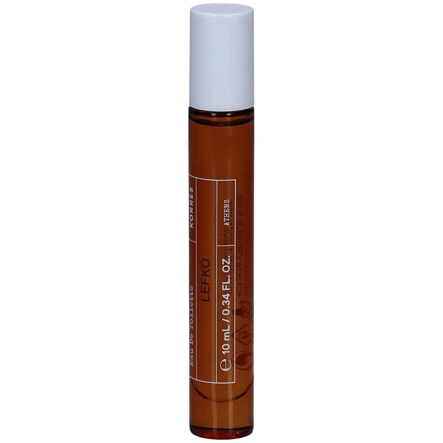 Flacon roll-on avec liquide brun et bouchon blanc. Inscription : Korres, Lefko, Eau de Toilette, 10 ml / 0,34 fl. oz.