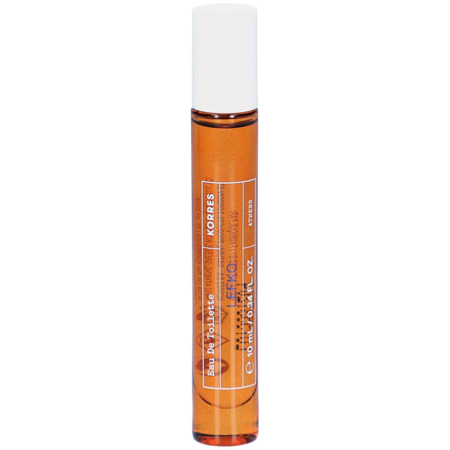 Flacon roll-on avec liquide brun et bouchon blanc. Inscription : Korres, Lefko, Eau de Toilette, 10 ml / 0,34 fl. oz.