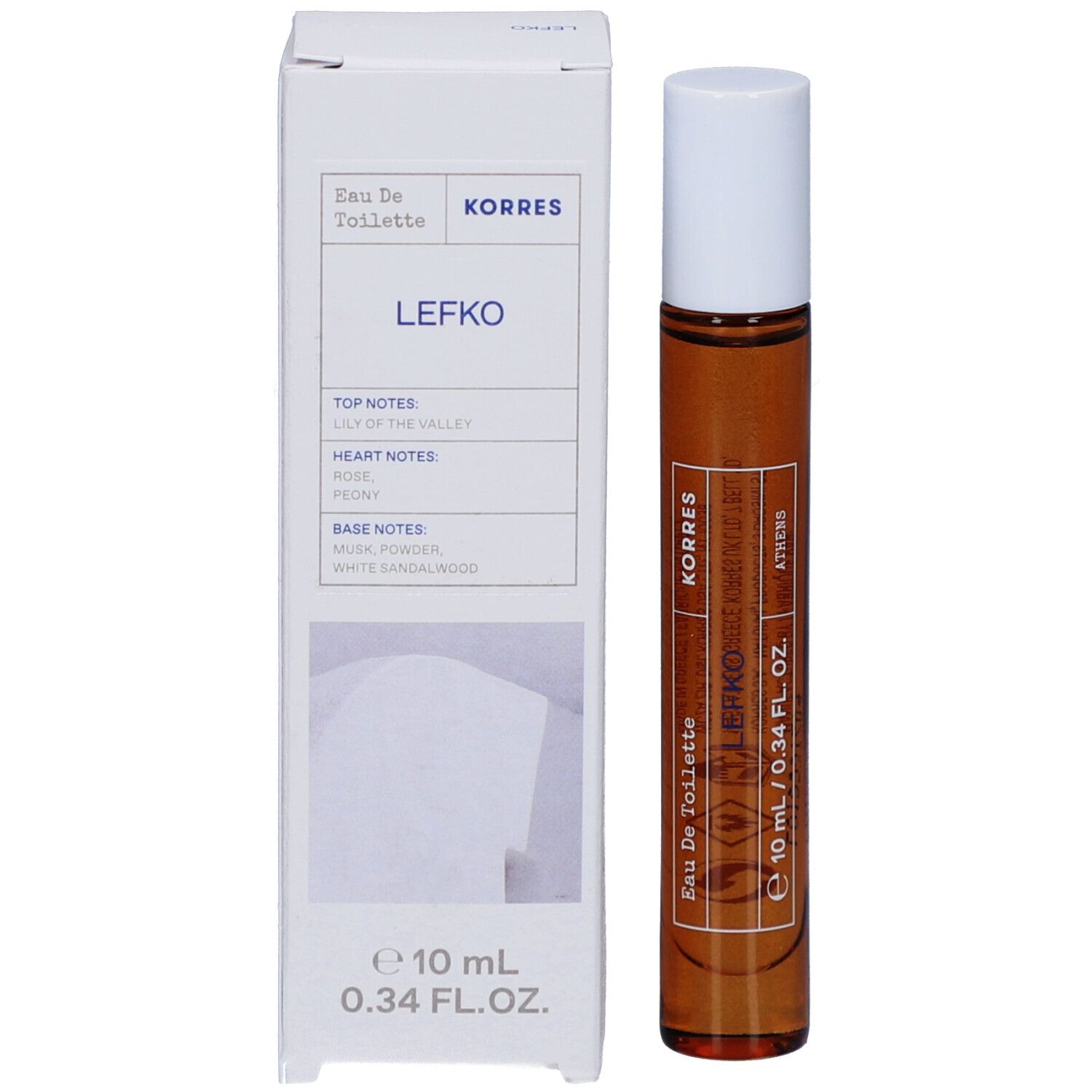 Flacon roll-on et emballage. Emballage avec nom du produit, ingrédients et marque.