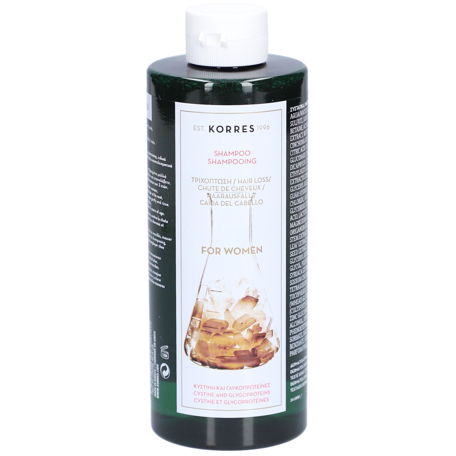Flacon vert avec bouchon blanc. Étiquette avec nom du produit et marque Korres. Shampooing anti-chute de cheveux pour femmes.