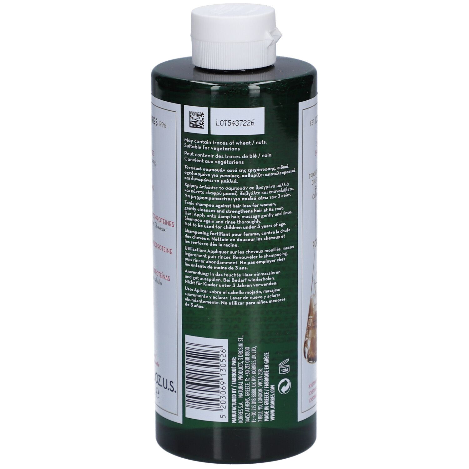 Dos du flacon vert avec bouchon blanc. Informations textuelles sur l'étiquette. Code-barres et informations fabricant.