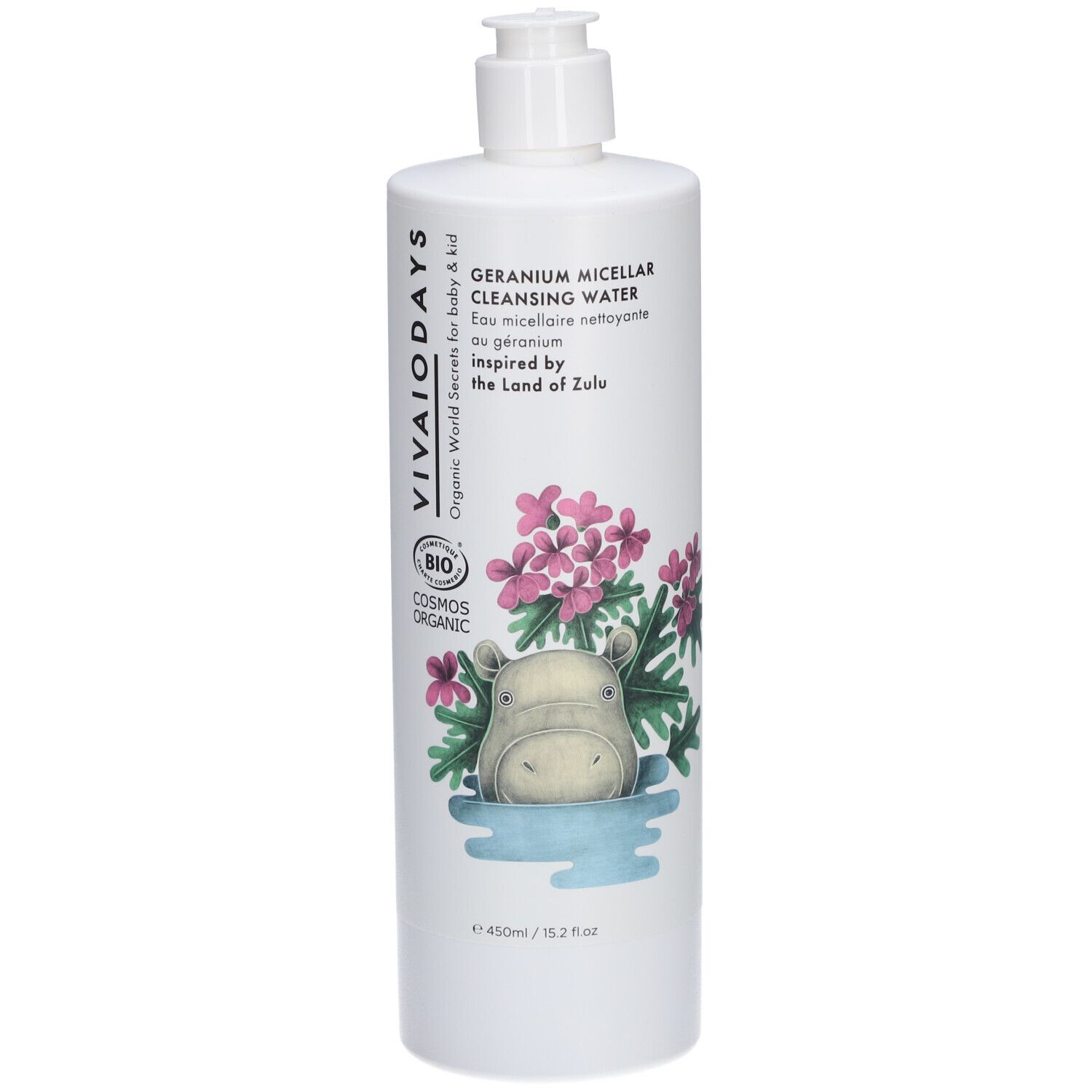 Flacon blanc avec pompe. Inscriptions : VIVAIODAYS, Geranium Micellar Cleansing Water. Certification bio et illustration d'hippopotame.