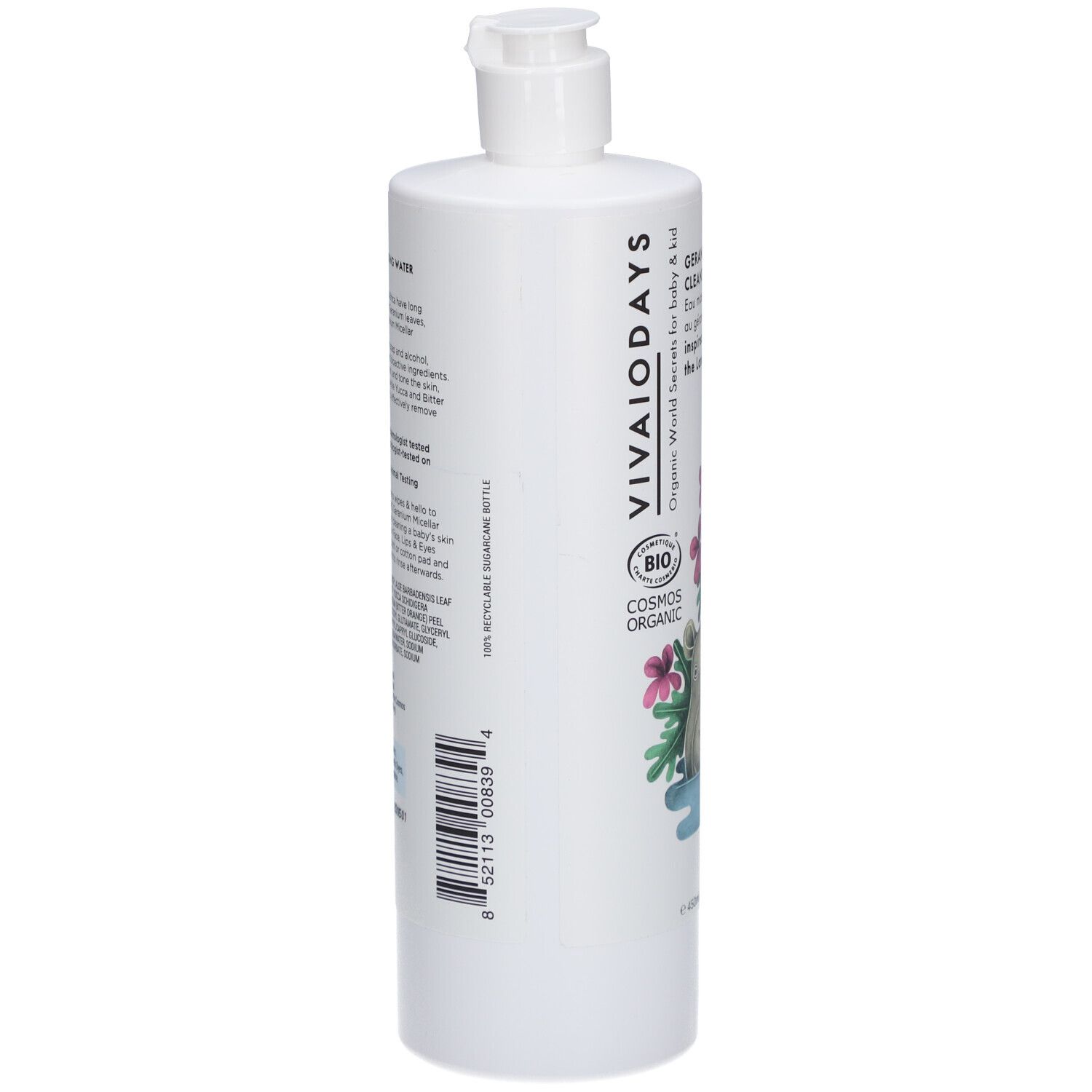 Dos du flacon blanc avec pompe. Texte : VIVAIODAYS, ingrédients, logo de recyclage et code-barres.