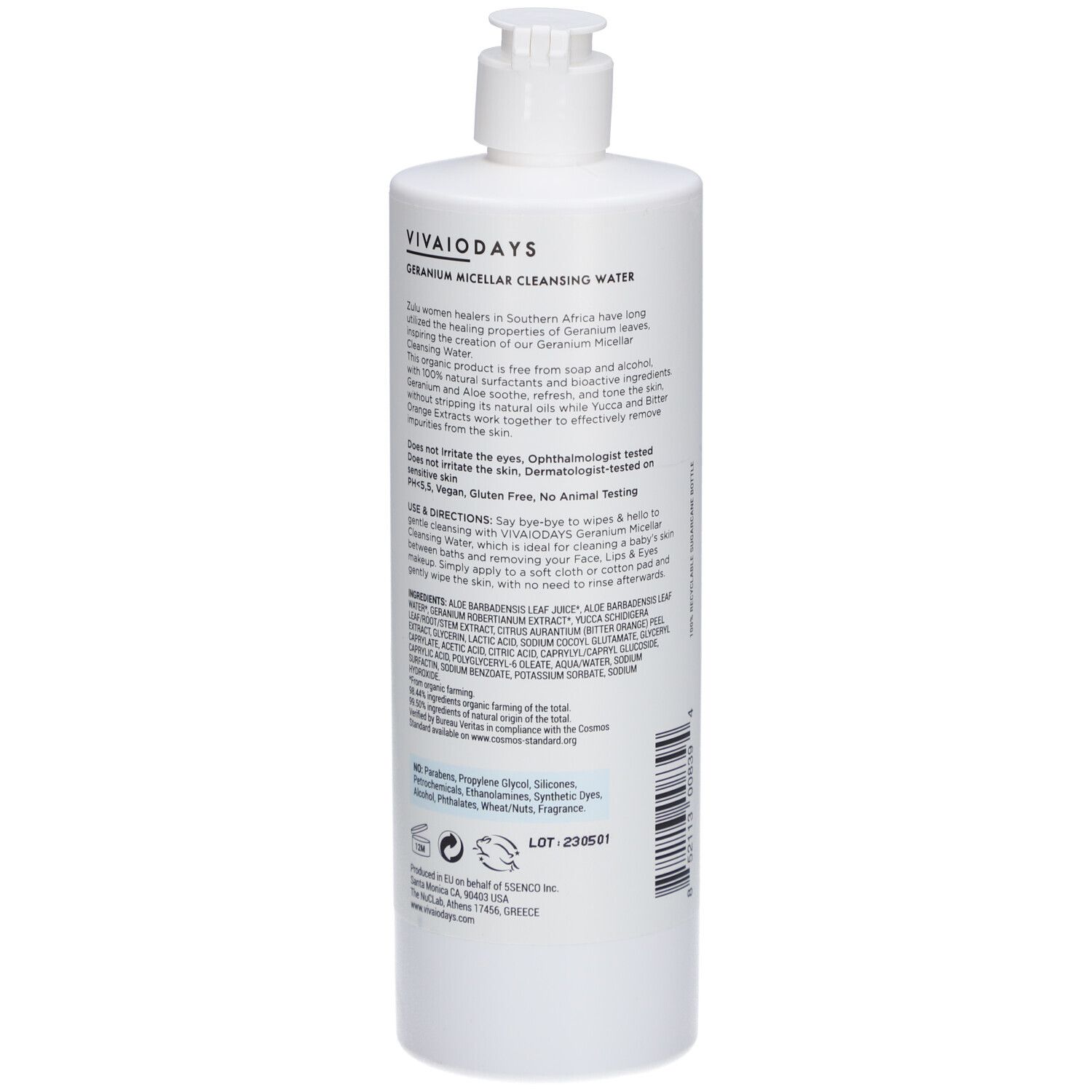 Dos du flacon blanc avec pompe. Texte : VIVAIODAYS, ingrédients, mode d'emploi, certifications.