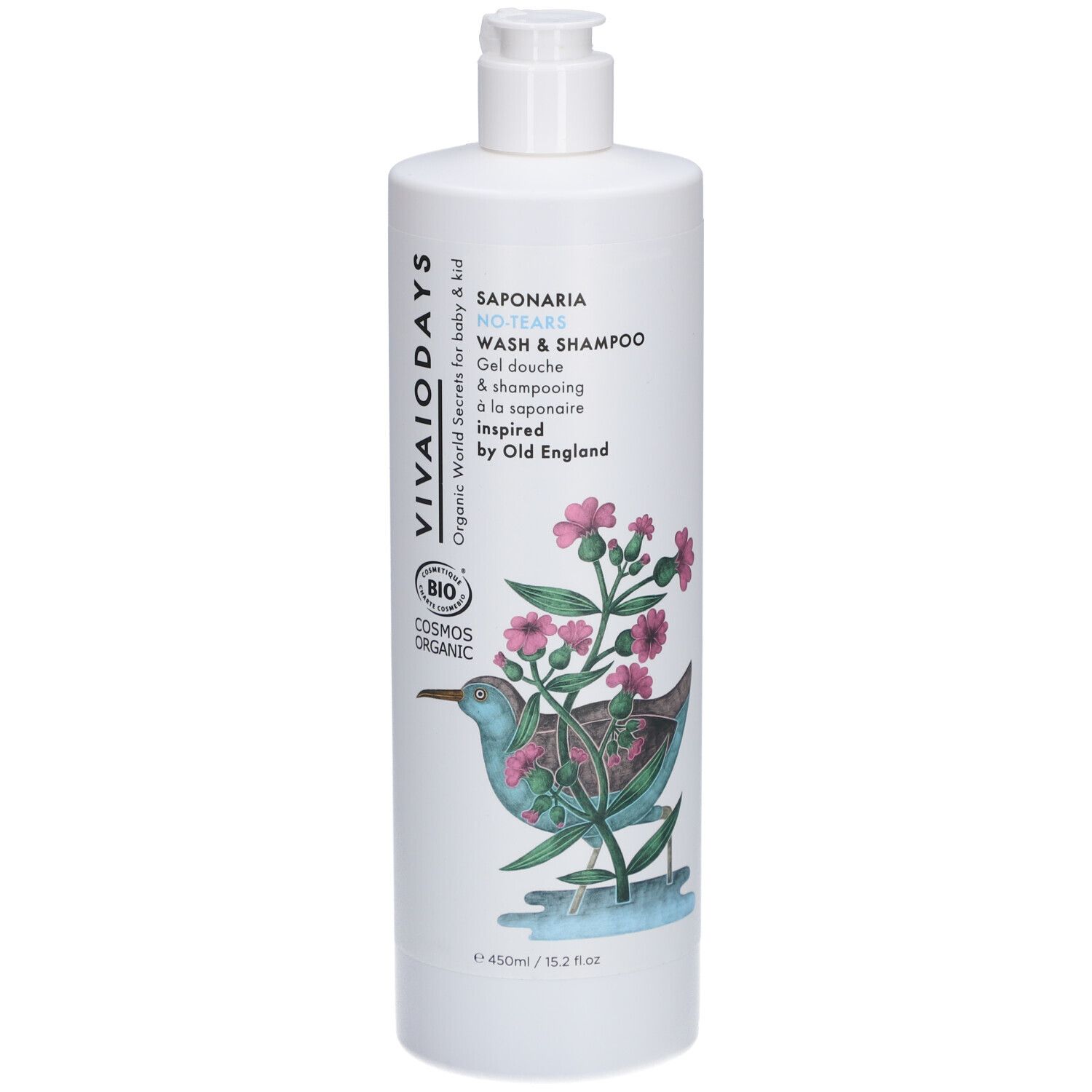 Flacon blanc avec bouchon pompe. Inscription: Vivaiodays, Saponaria No-Tears Wash & Shampoo. Illustration: oiseau et fleurs.