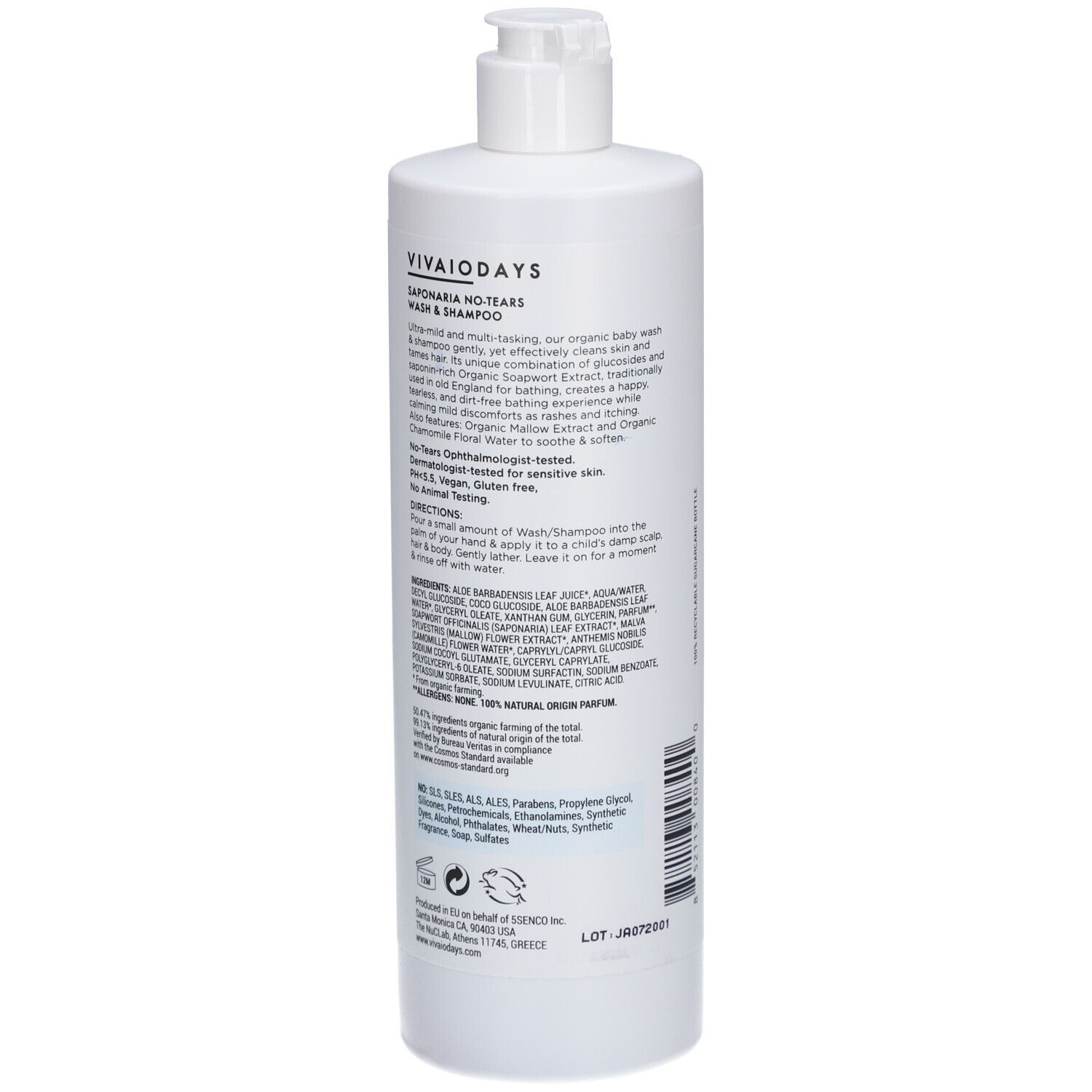 Flacon blanc avec bouchon pompe. Texte: ingrédients, mode d'emploi, certifications. Logo: Cosmos Organic.