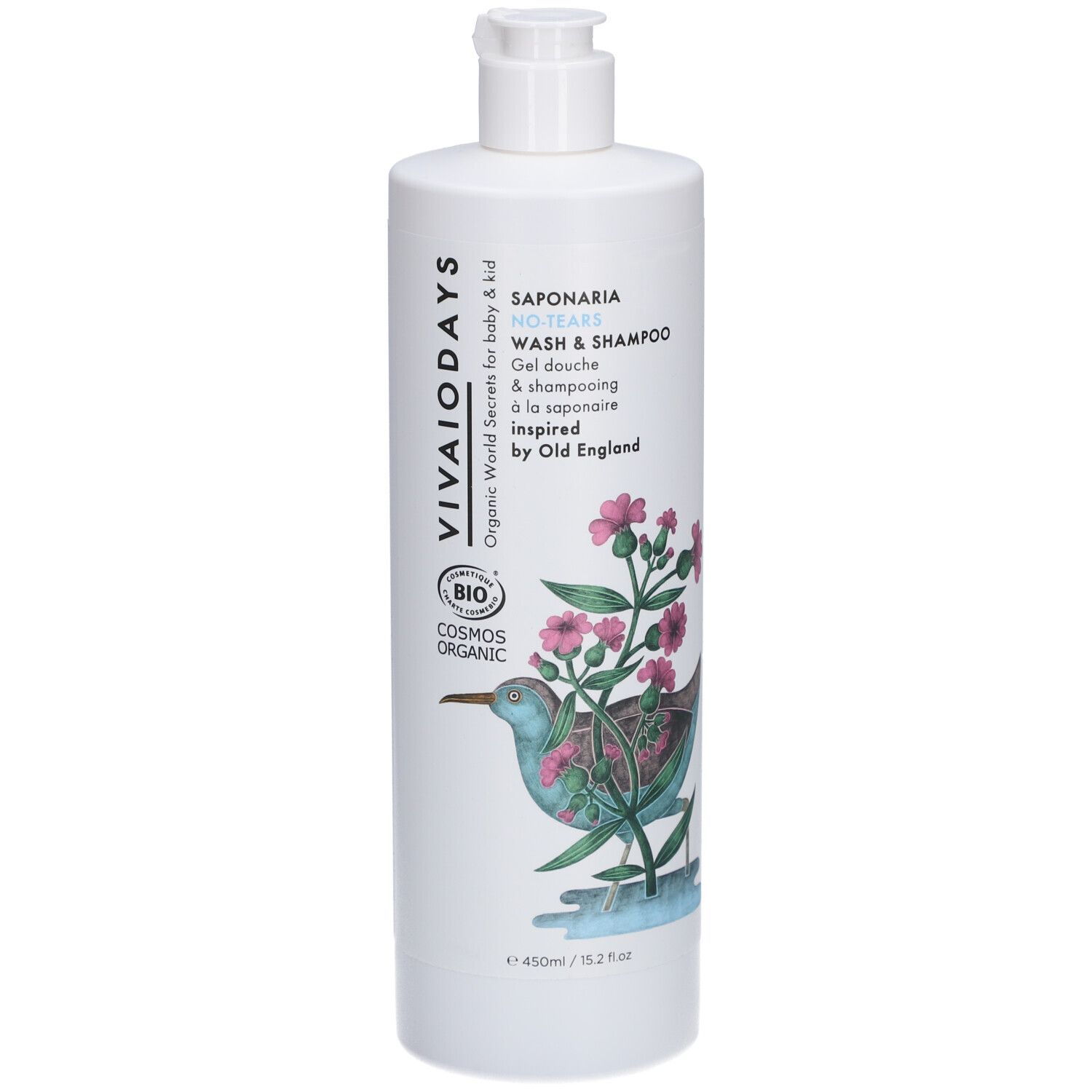Flacon blanc avec bouchon pompe. Inscription: Vivaiodays, Saponaria No-Tears Wash & Shampoo. Illustration: oiseau et fleurs.