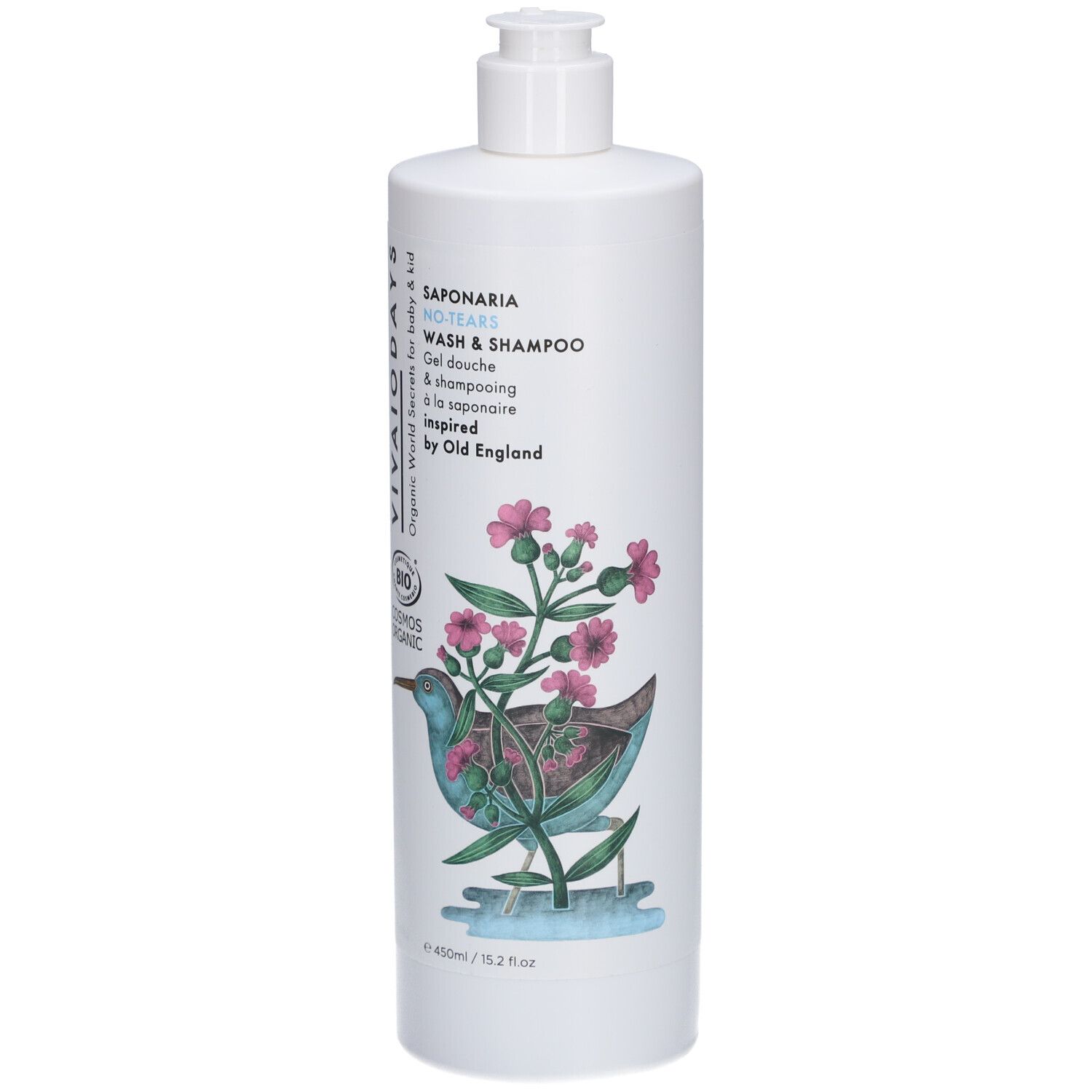 Flacon blanc avec bouchon pompe. Inscription: Vivaiodays, Saponaria No-Tears Wash & Shampoo. Illustration: oiseau et fleurs.