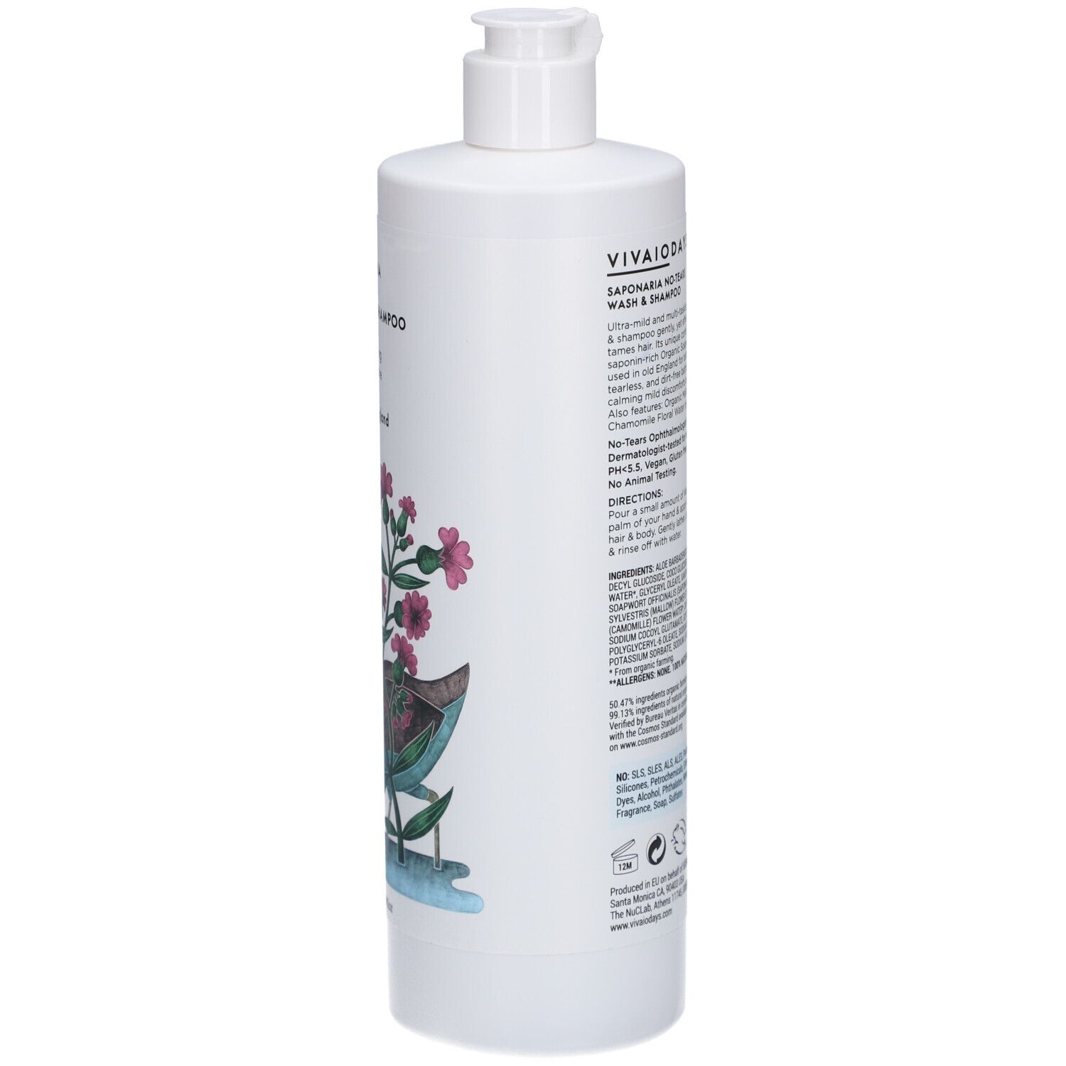 Flacon blanc avec bouchon pompe. Texte: ingrédients, mode d'emploi, certifications. Logo: Cosmos Organic.