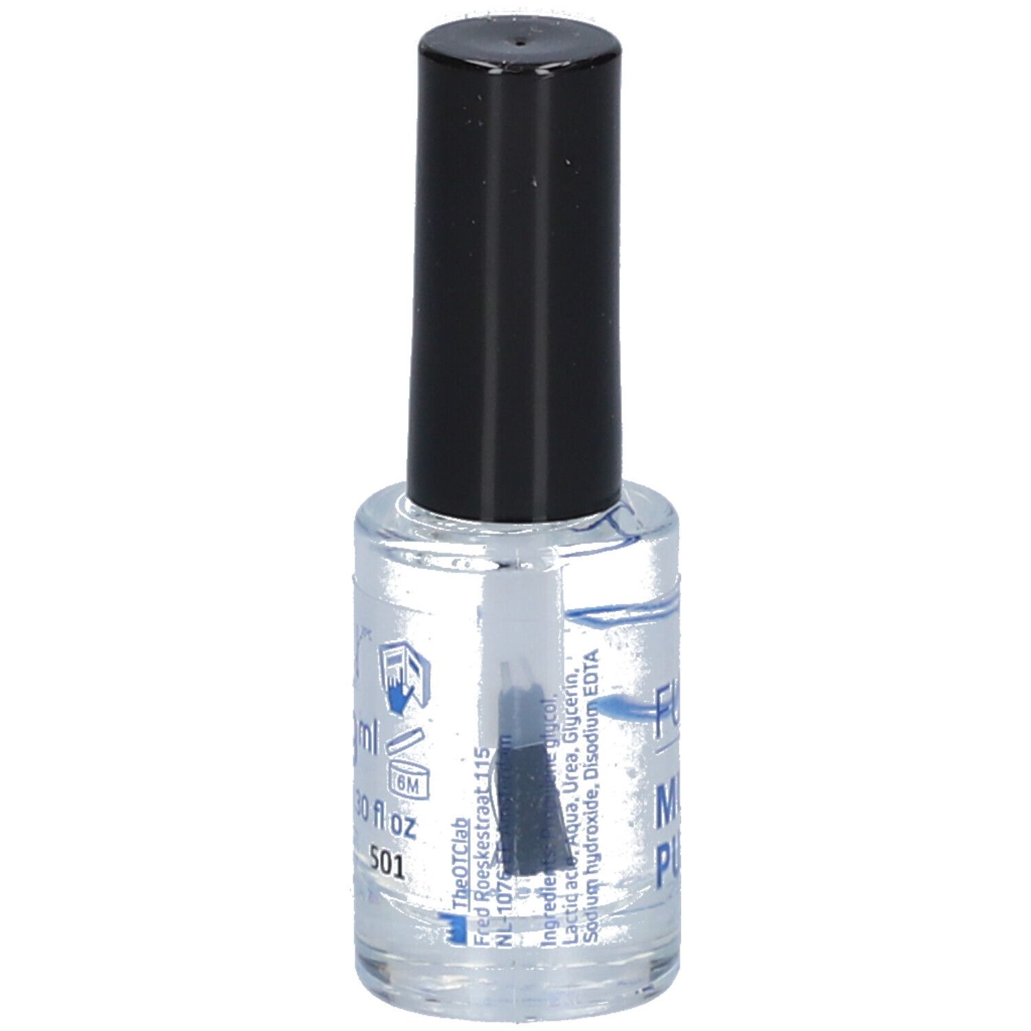 Flacon transparent avec bouchon noir et pinceau. Contient du liquide. Inscription : 9 ml, 0.30 fl oz.