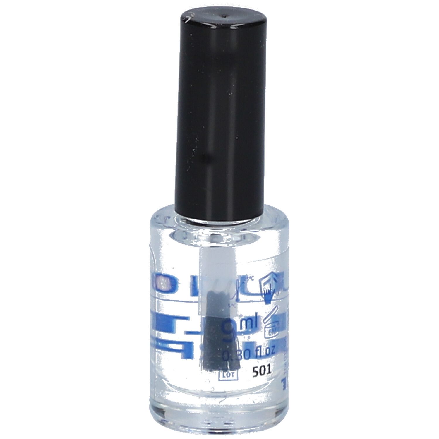 Flacon transparent avec bouchon noir et pinceau. Contient du liquide. Inscription : 9 ml, 0.30 fl oz.