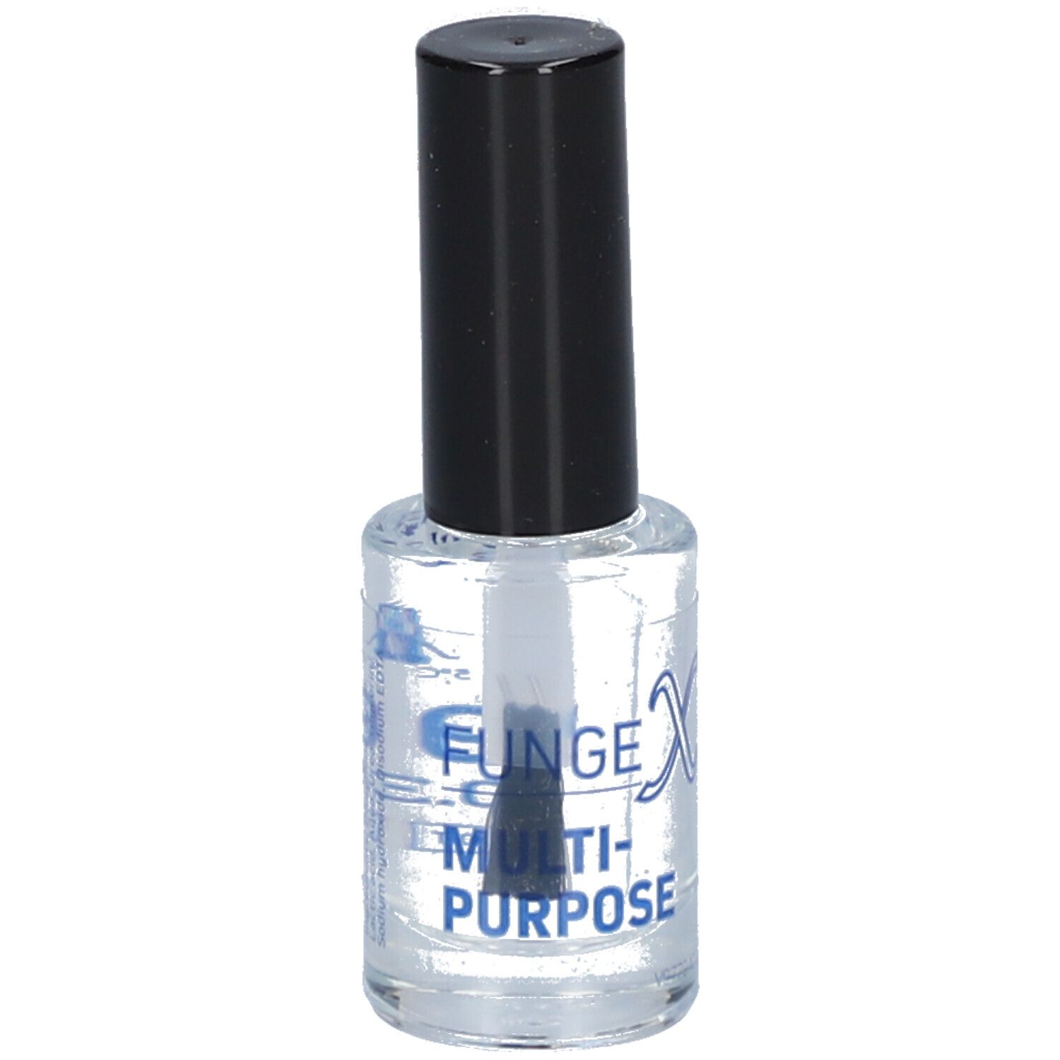 Flacon transparent avec bouchon noir et pinceau. Contient du liquide. Inscription : Multi-Purpose.