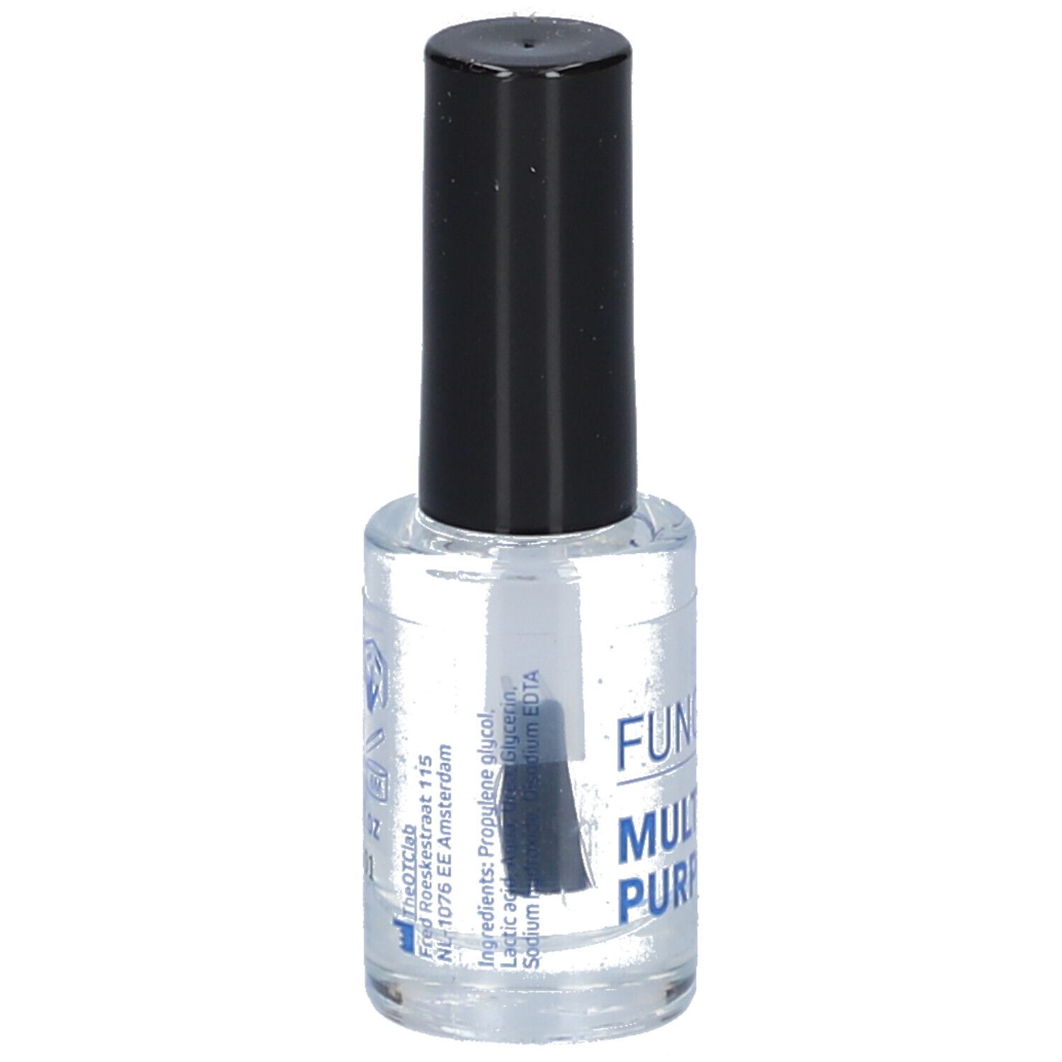 Flacon transparent avec bouchon noir et pinceau. Contient du liquide. Inscription : Multi-Purpose.