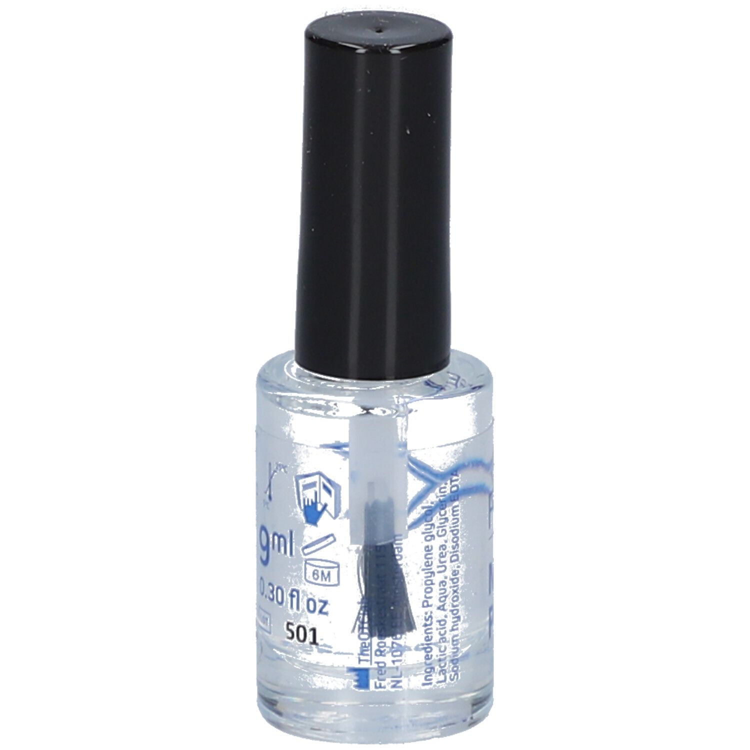 Flacon transparent avec bouchon noir et pinceau. Contient du liquide. Inscription : 9 ml, 0.30 fl oz.