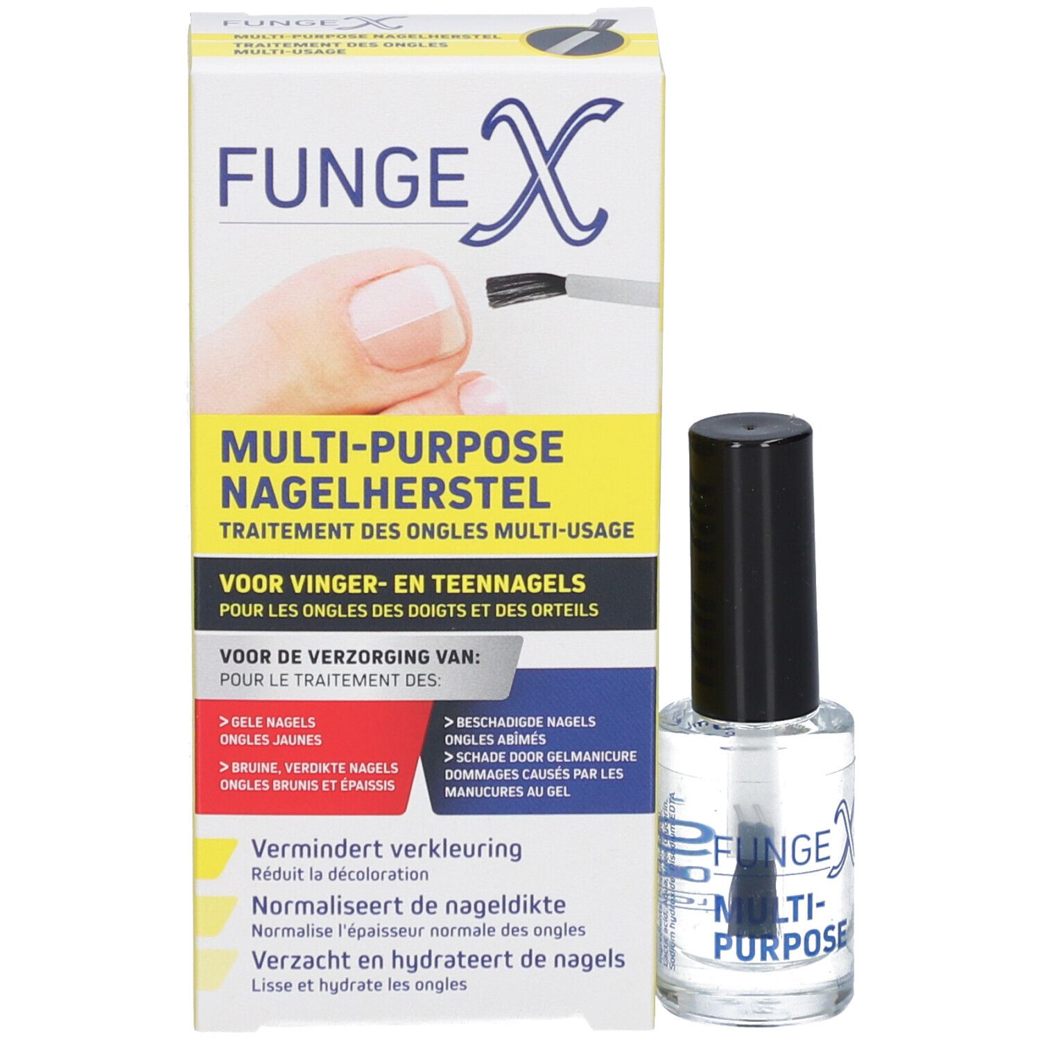 Emballage du produit et flacon. Emballage avec nom du produit et exemples d'utilisation. Flacon avec bouchon noir.