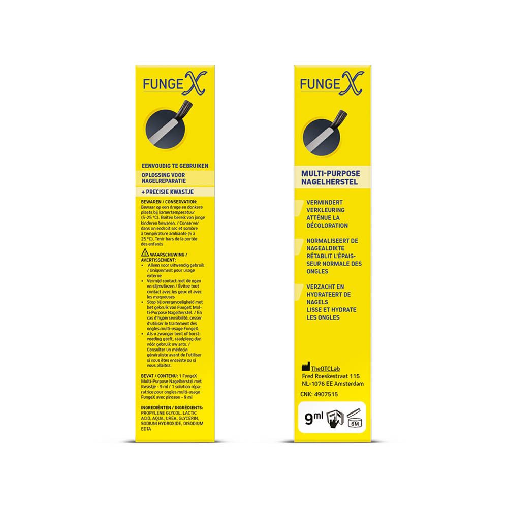 Dos de l'emballage du produit. Inscription : Fungex Multi-Purpose Nagelherstel. Contient des informations.