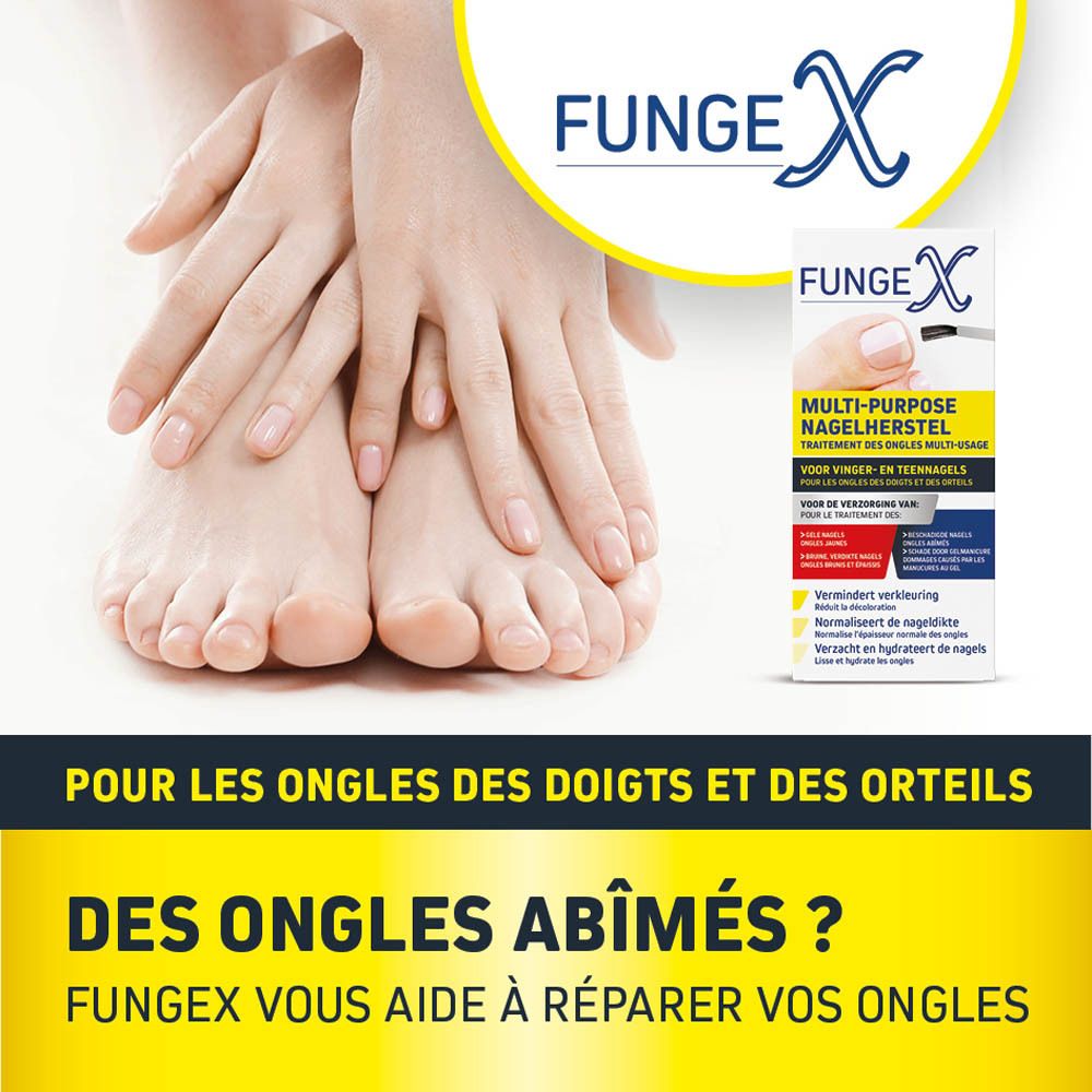 Emballage du produit avec produit et pinceau. Inscription : Fungex Multi-Purpose Nagelherstel. Contient des informations.