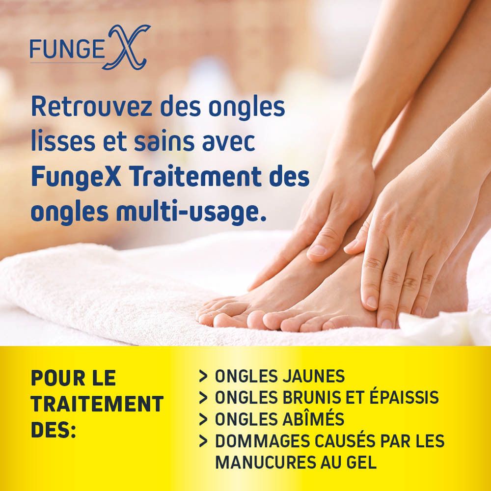 Emballage du produit avec produit et pinceau. Inscription : Fungex Multi-Purpose Nagelherstel. Contient des informations.