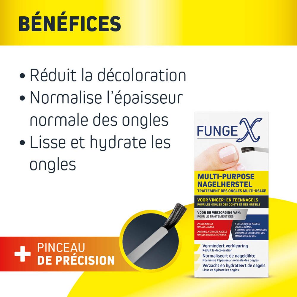 Emballage du produit avec produit et pinceau. Inscription : Fungex Multi-Purpose Nagelherstel. Contient des informations.