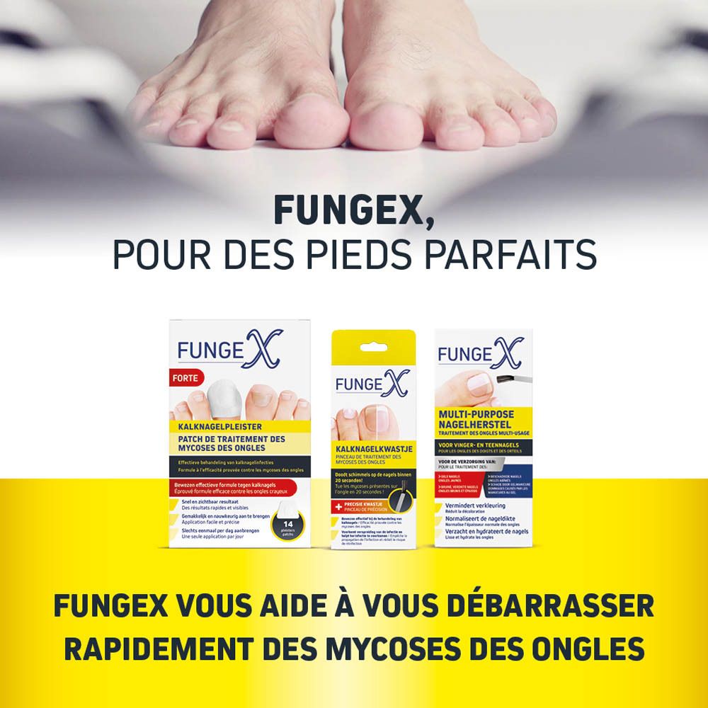 Emballage du produit avec produit et pinceau. Inscription : Fungex Multi-Purpose Nagelherstel. Contient des informations.