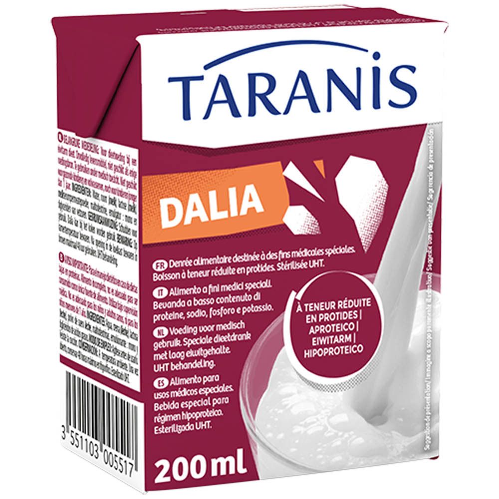 Emballage individuel de Taranis Dalia Boisson. Inscription : Dalia, 200 ml, texte multilingue. Emballage rouge.