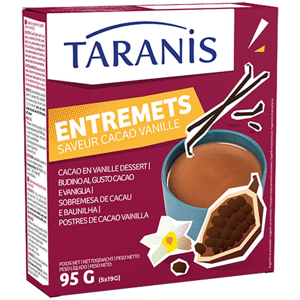 Boîte rouge avec illustration du produit. Inscription: Taranis Entremets Saveur Cacao Vanille. 95g.