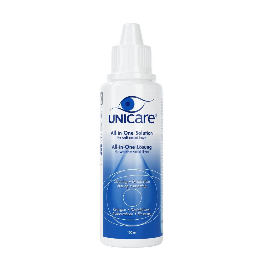 Flacon blanc avec étiquette bleue. Inscription: UNICARE All-in-One Solution. Pour lentilles souples. Nettoie, désinfecte, conserve, insère.