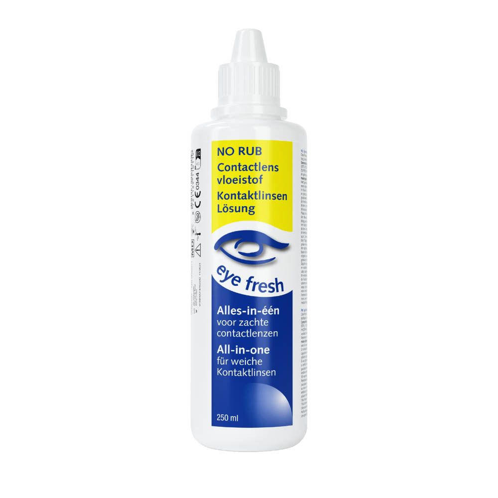 Flacon blanc de liquide pour lentilles. Étiquettes jaune et bleu avec texte et logo. 250 ml.