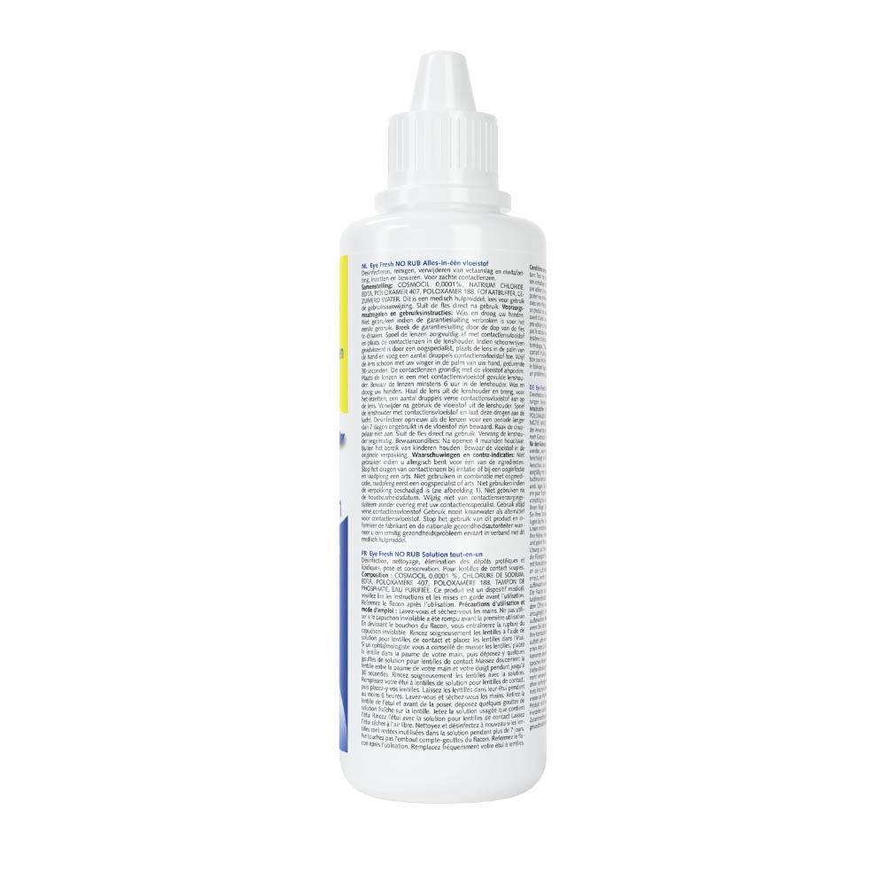 Flacon blanc, dos avec texte. Liquide pour lentilles. Informations d'utilisation.