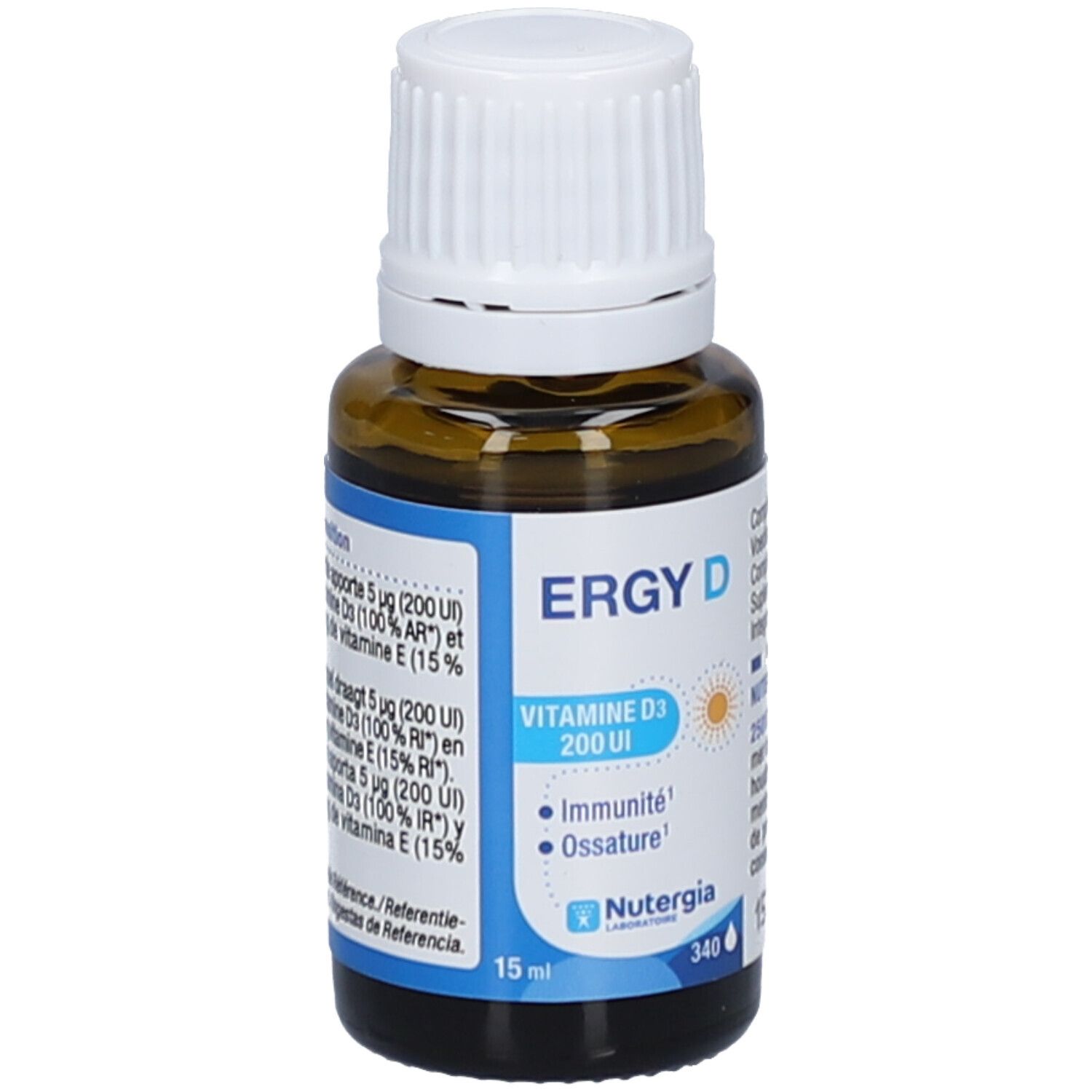 Flacon en verre brun avec bouchon blanc. Étiquette Ergy D, vitamine D3, logo. Contenance 15 ml.