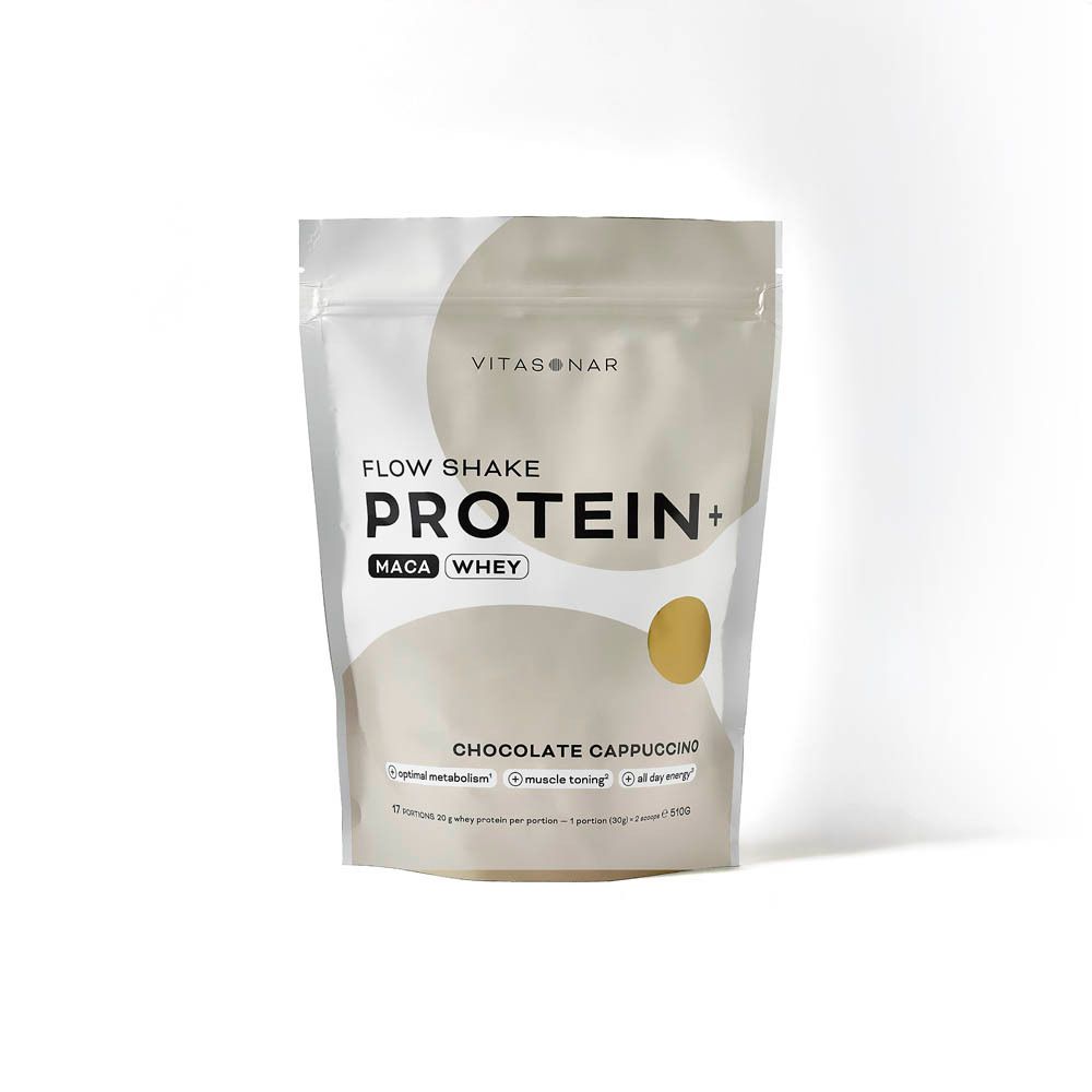 Sachet Vitasonar Flow Shake Protein+ Maca Whey, Chocolate Cappuccino. Cercle doré. Texte: métabolisme optimal, tonification musculaire, énergie.