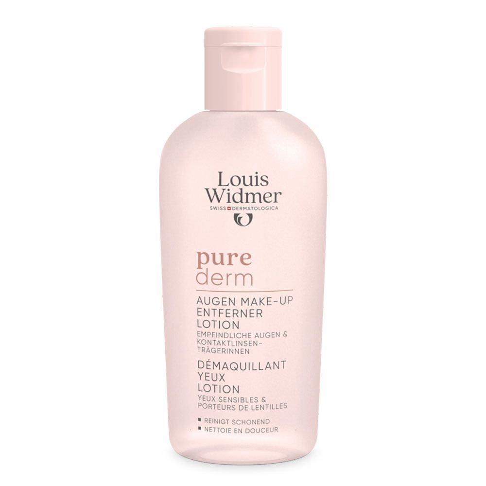 Flacon rose avec bouchon rose. Inscription: Louis Widmer, pure derm Démaquillant Yeux Lotion.