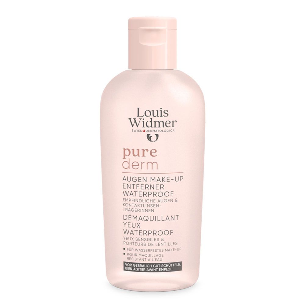 Flacon rose avec bouchon rose. Inscription: Louis Widmer, pure derm Démaquillant Yeux Waterproof. Pour maquillage résistant à l'eau.