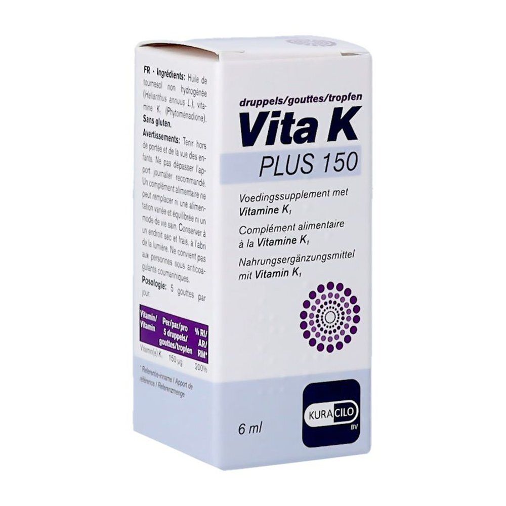 Boîte blanche Vita K Plus 150. Inscriptions en allemand, néerlandais et français. 6 ml.