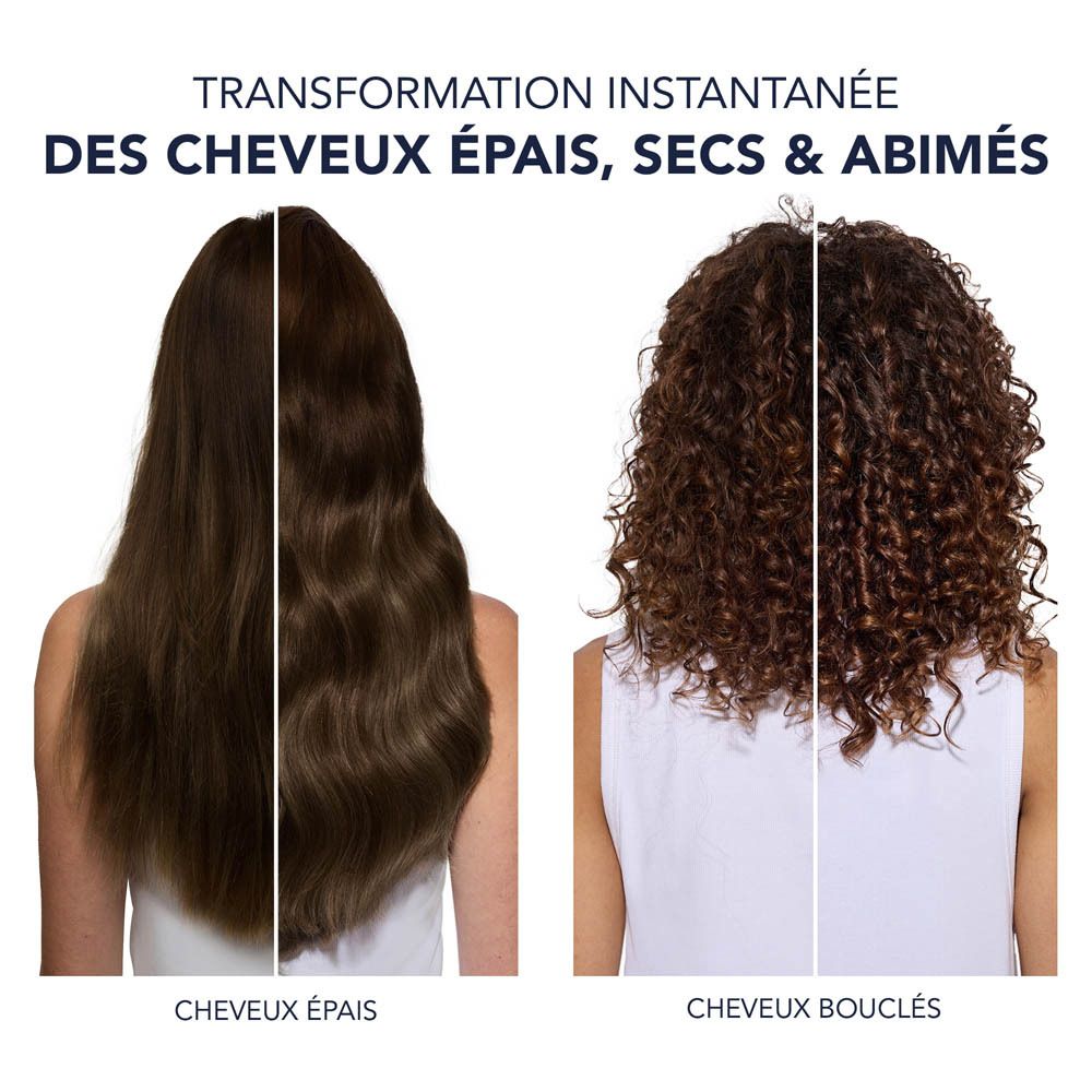 Flacon carré en verre avec huile jaune. Inscription : Phyto Paris, Phyto7 Elixir. Avec compte-gouttes. Pour cheveux épais, secs et abîmés.