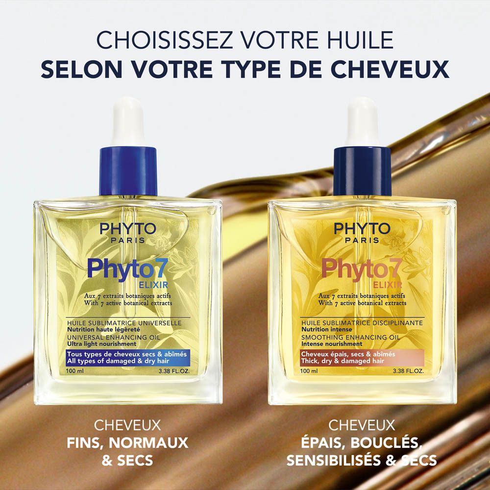 Flacon en verre avec liquide jaune, entouré de fleurs. Bouchon bleu avec pipette. Inscription : Phyto Paris, Phyto 7 Elixir.