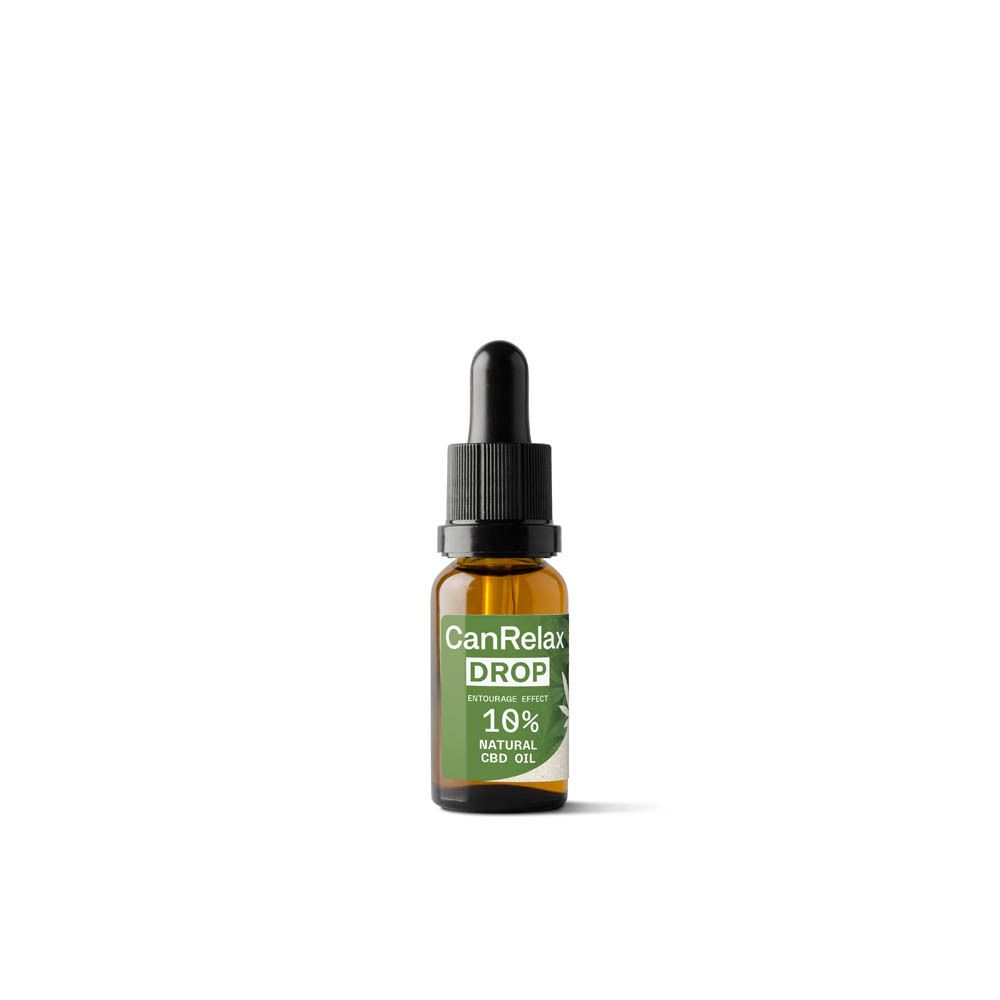 Flacon en verre brun avec compte-gouttes noir. Étiquette "CanRelax DROP", "10% NATURAL CBD OIL".