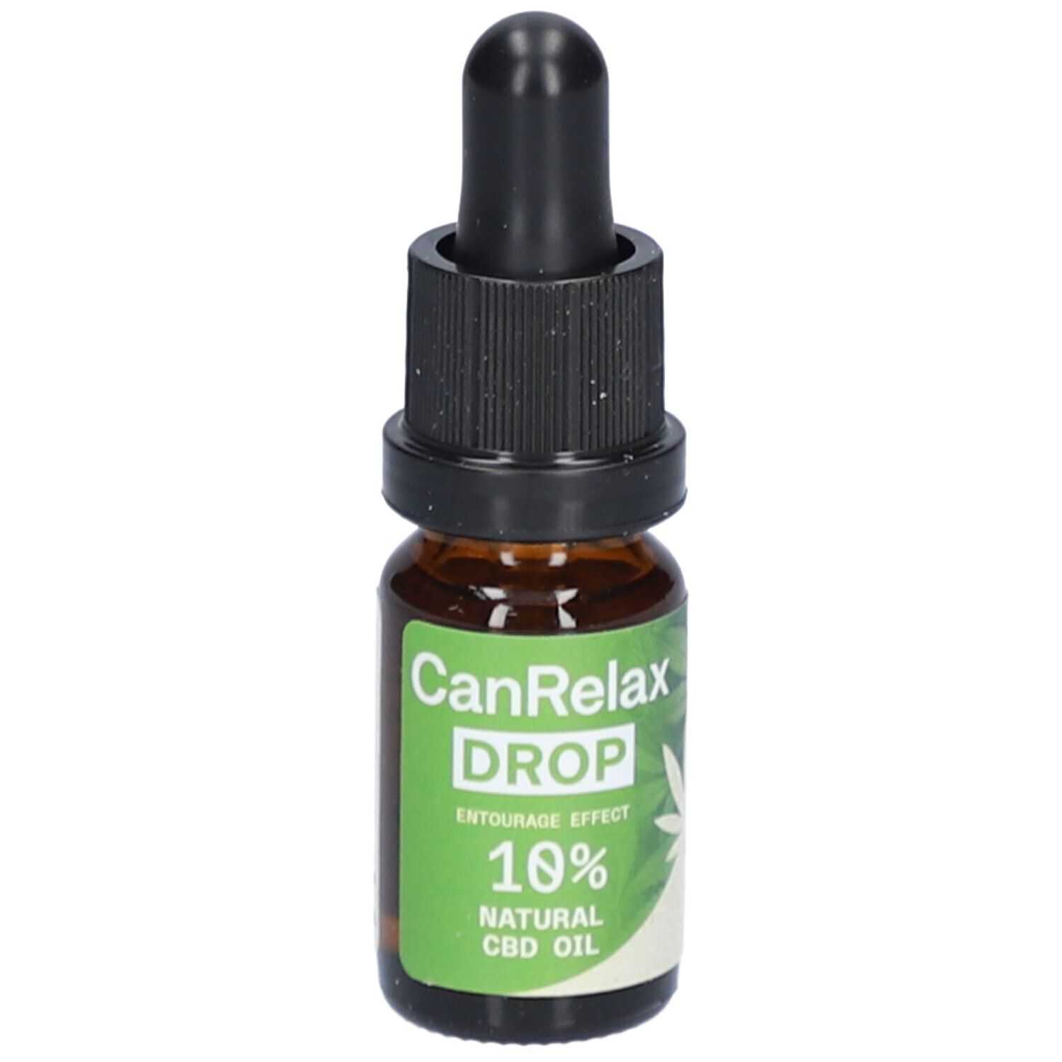 Flacon en verre brun avec compte-gouttes noir. Étiquette "CanRelax DROP", "10% NATURAL CBD OIL".