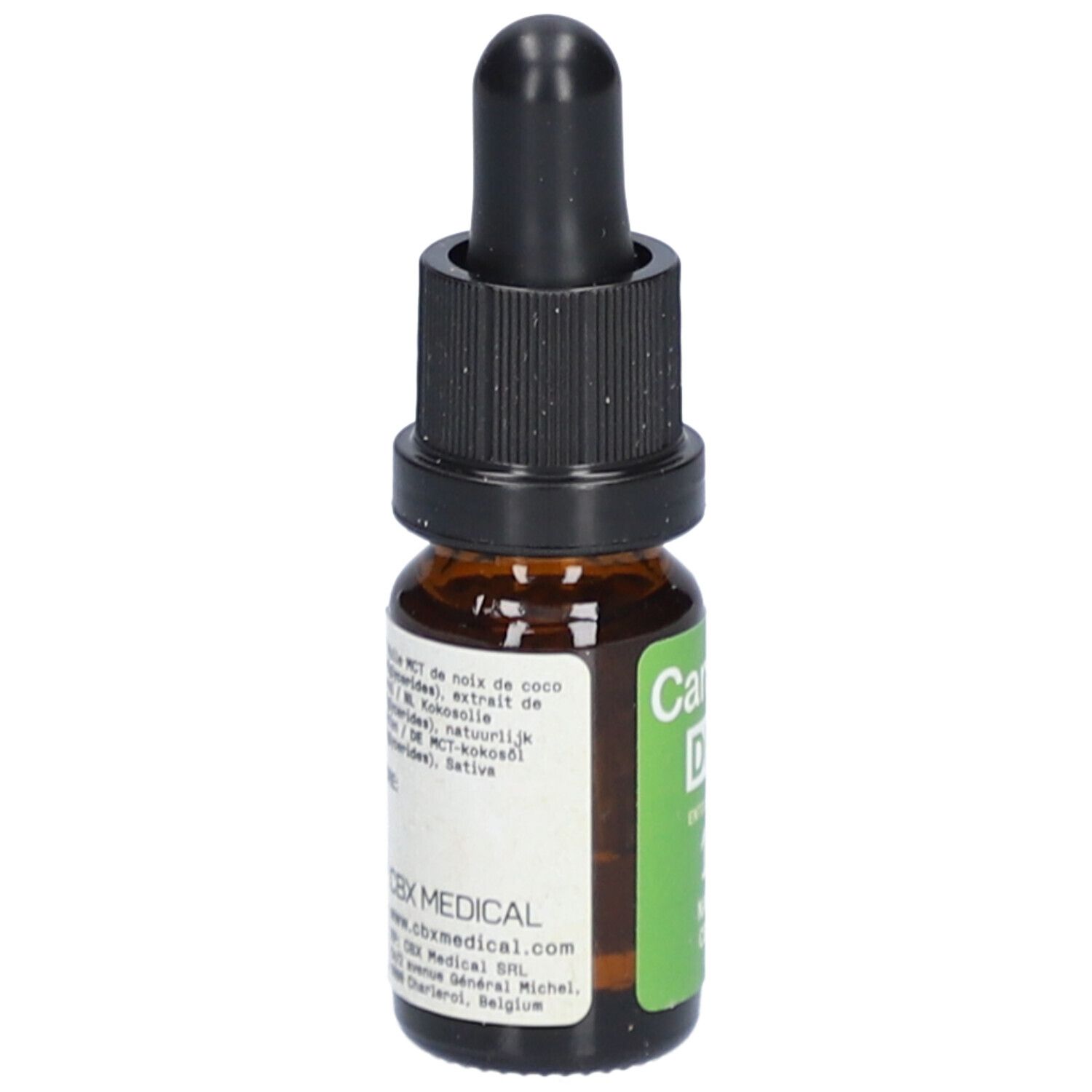 Flacon en verre brun avec compte-gouttes noir. Dos avec ingrédients et informations fabricant.