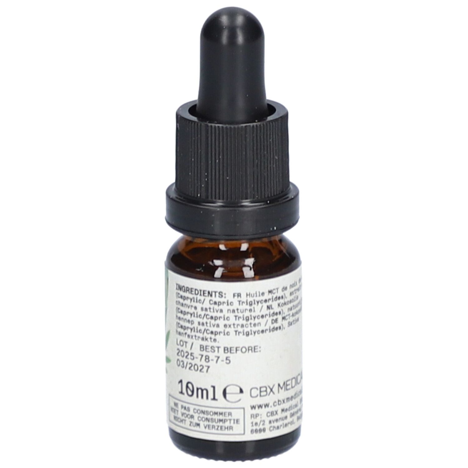 Flacon en verre brun avec compte-gouttes noir. Étiquette avec ingrédients, numéro de lot et date de péremption.